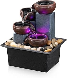 Tabletop Fountain 4 Level Small Waterfall Fountain Indoor Relaxing Water Feature Meditation Fountain for Home Office Bedroom Decoration Including LED Lighting Natural Rocks as Festival Gifts