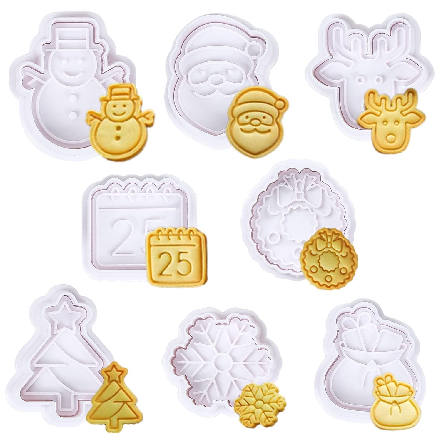 Crethink Mini Christmas Cookie Cutters Set - 8Pcs Plastic Spring die Biscuits Pastry Cutter Set 3D Cookie Cake Plunger Cutter Baking Mould