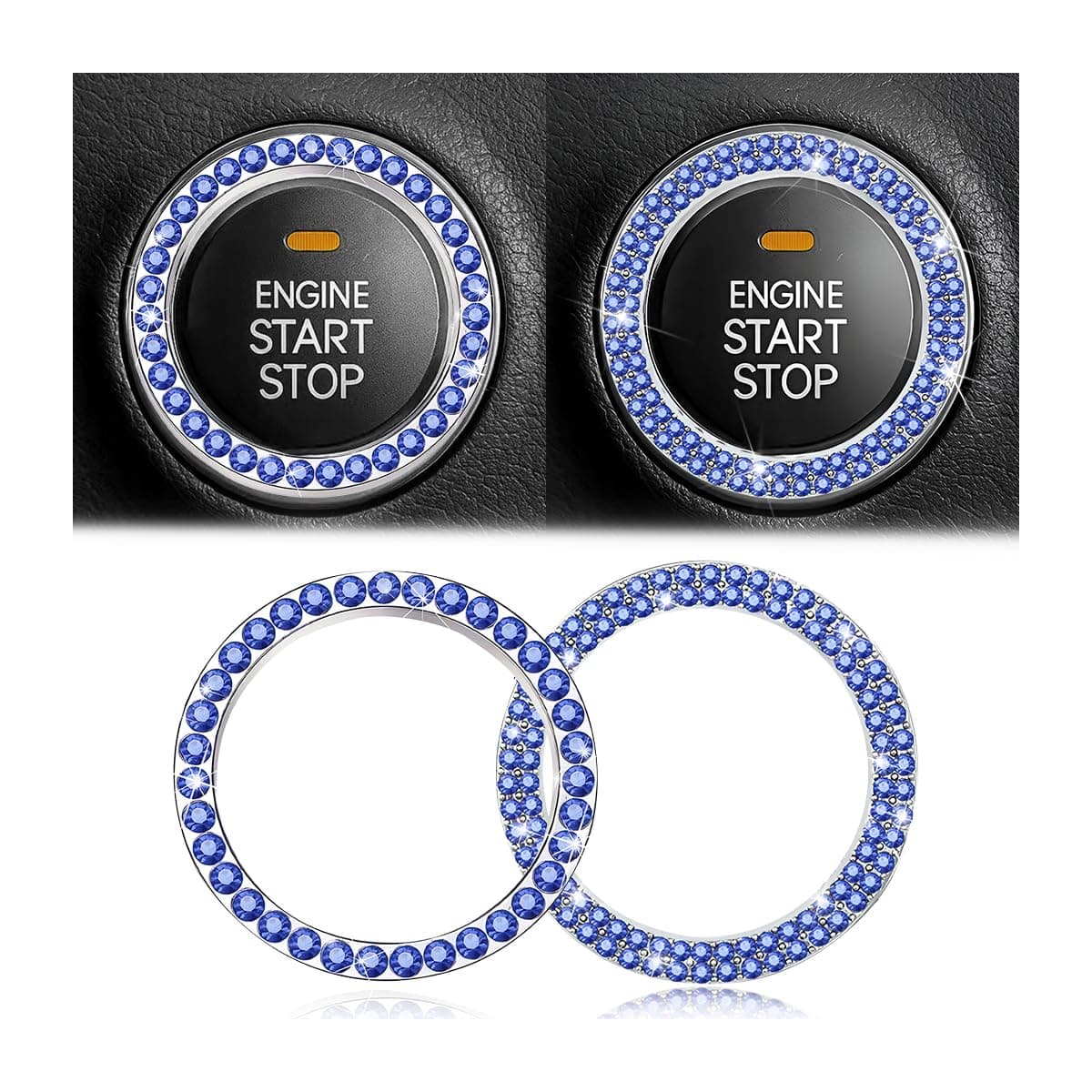 Car Bling Crystal Rhinestone Engine Start Ring Stickers, 1 Single Drainage Drill and 1 Double Drainage Drill Car Start Button Cover, Key Ignition Knob Bling Ring Decals, Car Accessories(Set Blue)