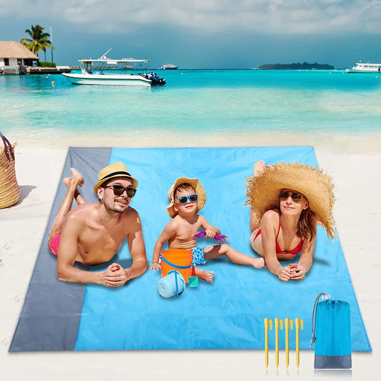 200*210cm Beach Mat Sand Free, Waterproof and Quick-Drying Beach Blanket 78"X 82", Suitable for 4-7 Adults Picnic Trips, Camping, Hiking and Music Festivals, Park Lawn Mat with Windproof Nails