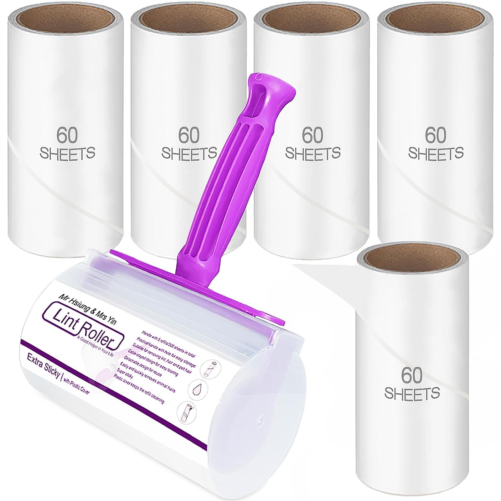 Lint Rollers for Pet Hair, Clothes Roller, Lint Roller for Clothes, Extra Sticky Lint Remover Brush, Pet Hair Remover, 1 Roller + 5 Refills, 300 Sheets Total
