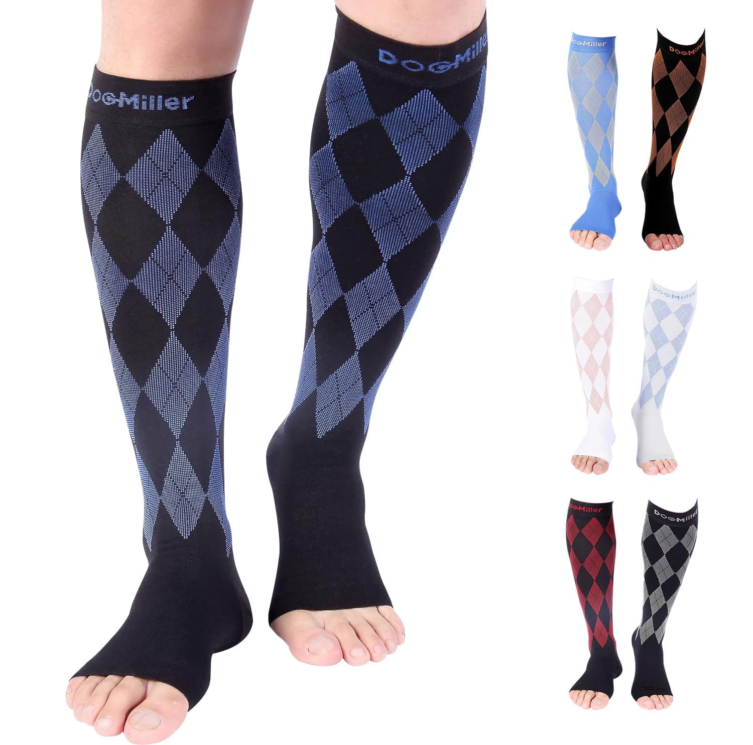 Doc Miller Toeless Compression Socks Women & Men – Open Toe, 20-30mmHg, Knee-High, Lightweight, Calf Support, Shin Splints, Varicose Veins Comfort, 1 Pair, Argyle