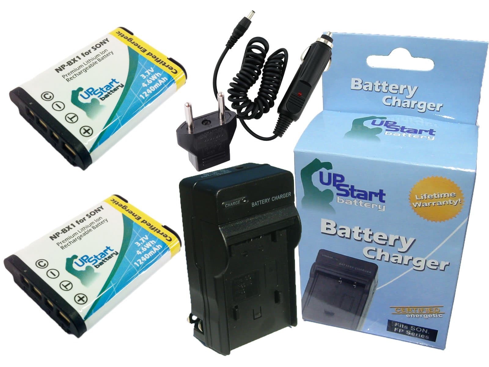 2 Pack - Replacement for Sony DSC-WX300/B Battery + Charger with Car & EU Adapters - Compatible with Sony NP-BX1 Digital Camera Battery and Charger (1240mAh 3.7V Lithium-Ion)