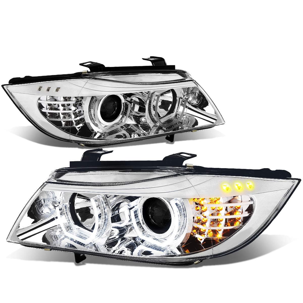 Auto Dynasty LED Halo Headlights Assembly Compatible with 2009-2012 BMW E90 320i 323i 325i 4-Dr Sedan, Left and Right Side, 3D Dual Crystal U-Halo, Projector Low Beam, LED Turn Signal, Chrome Housing