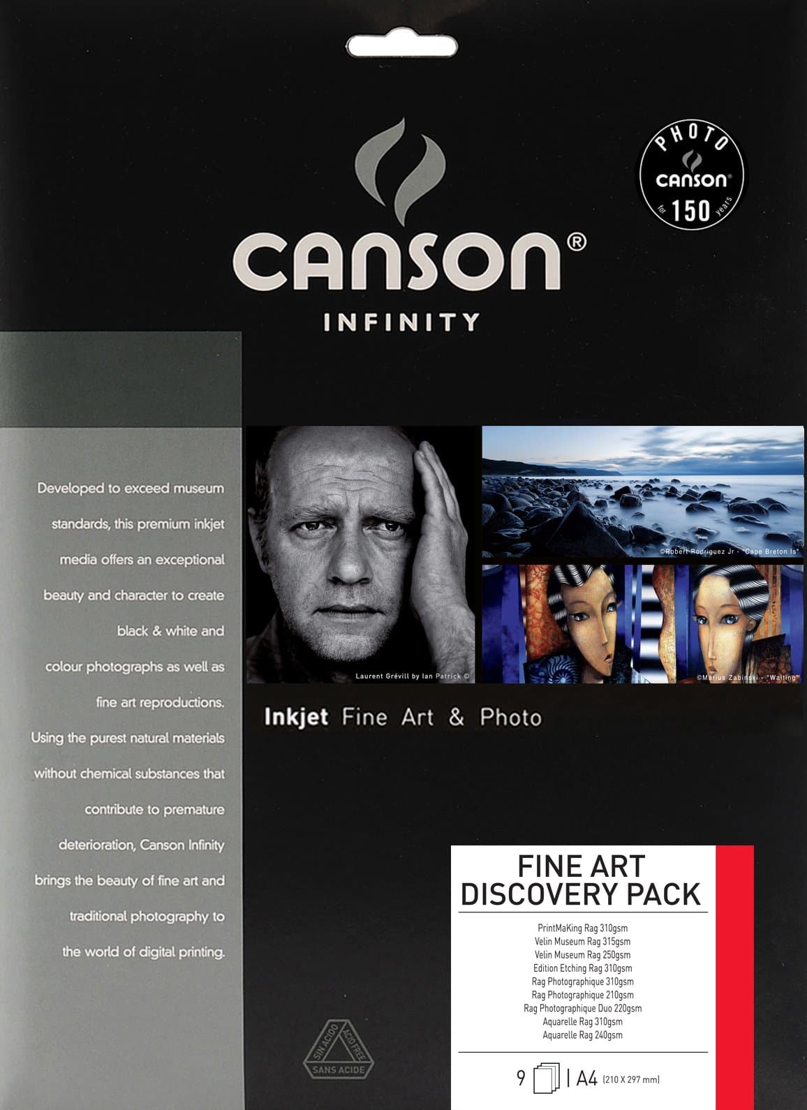 Canson Infinity Discovery Pack Fine Art, tester pack of 9 sheets of matte inkjet papers, A4