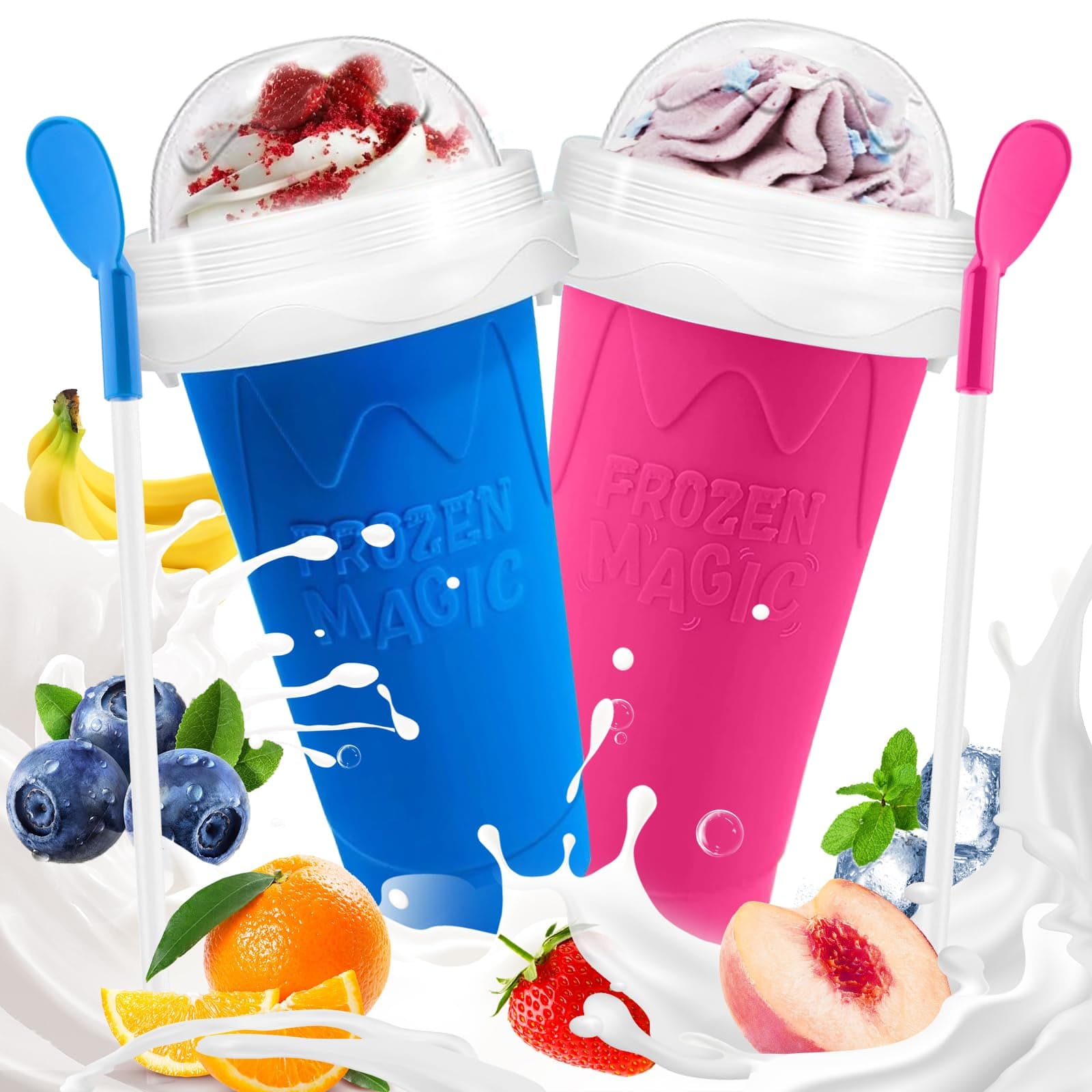 FANS-ONE Slushie Cup, 2 Pack Slushy Maker Cup, Frozen Magic Squeeze Cups for Juice Milk Yogurt Ice Cream Make, DIY Cooling Cup with Lid & Straw Cool Stuff Things for Friends Family (Blue+Pink)
