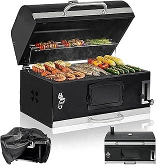 Large Built-in Barbecue Grills, Charcoal BBQ Grills with Liftable Tray, Insulated Hood & Temp Gauge, Black Stainless Steel Charcoal BBQ Barrel Grill for Outdoor Kitchen Camping Park Style