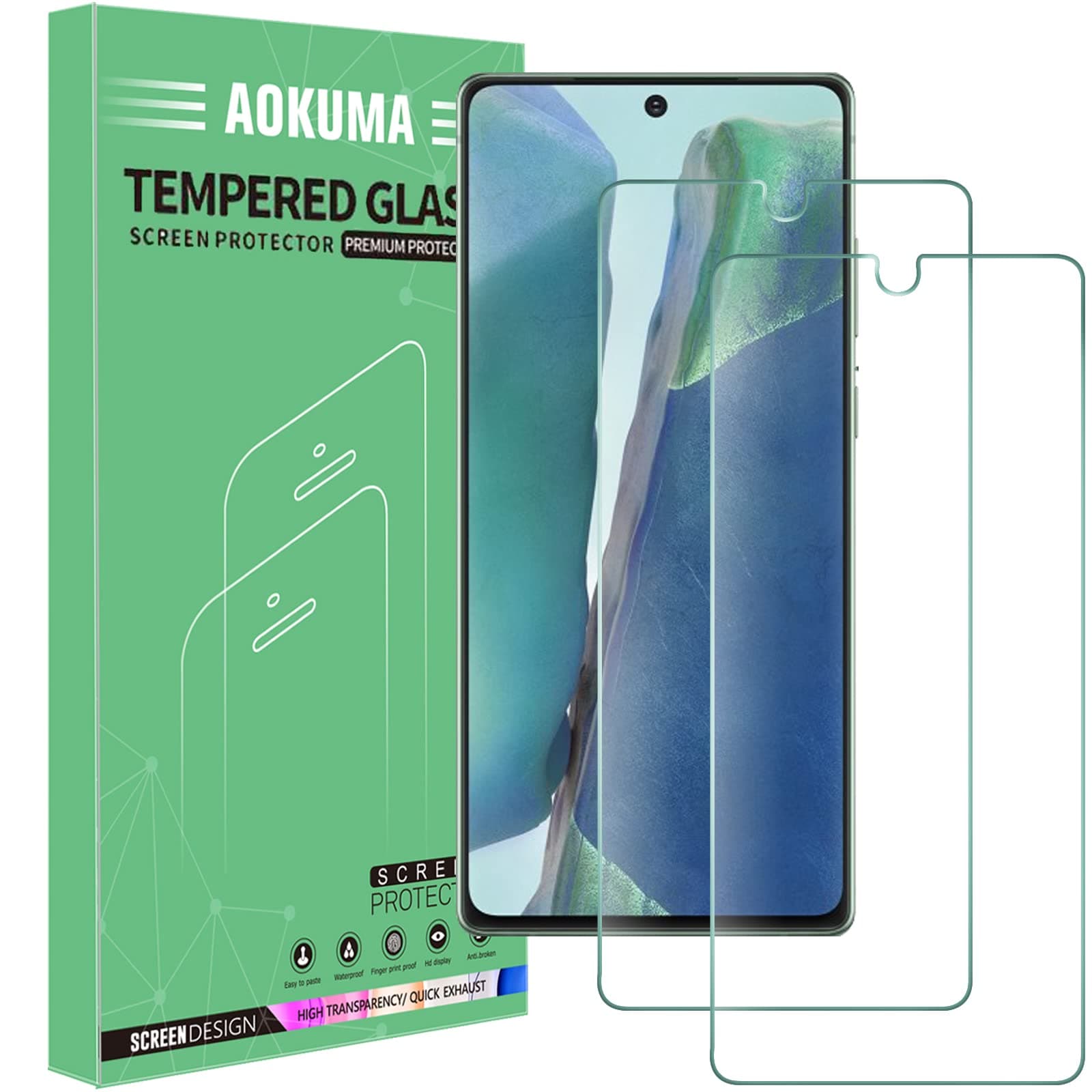 AOKUMASamsung Galaxy note 20 Tempered Glass Screen Protector, [2 Pack] Premium Quality Guard Film, Case Friendly, Comfortable Round Edge,Shatterproof, Shockproof, Scratchproof oilproof