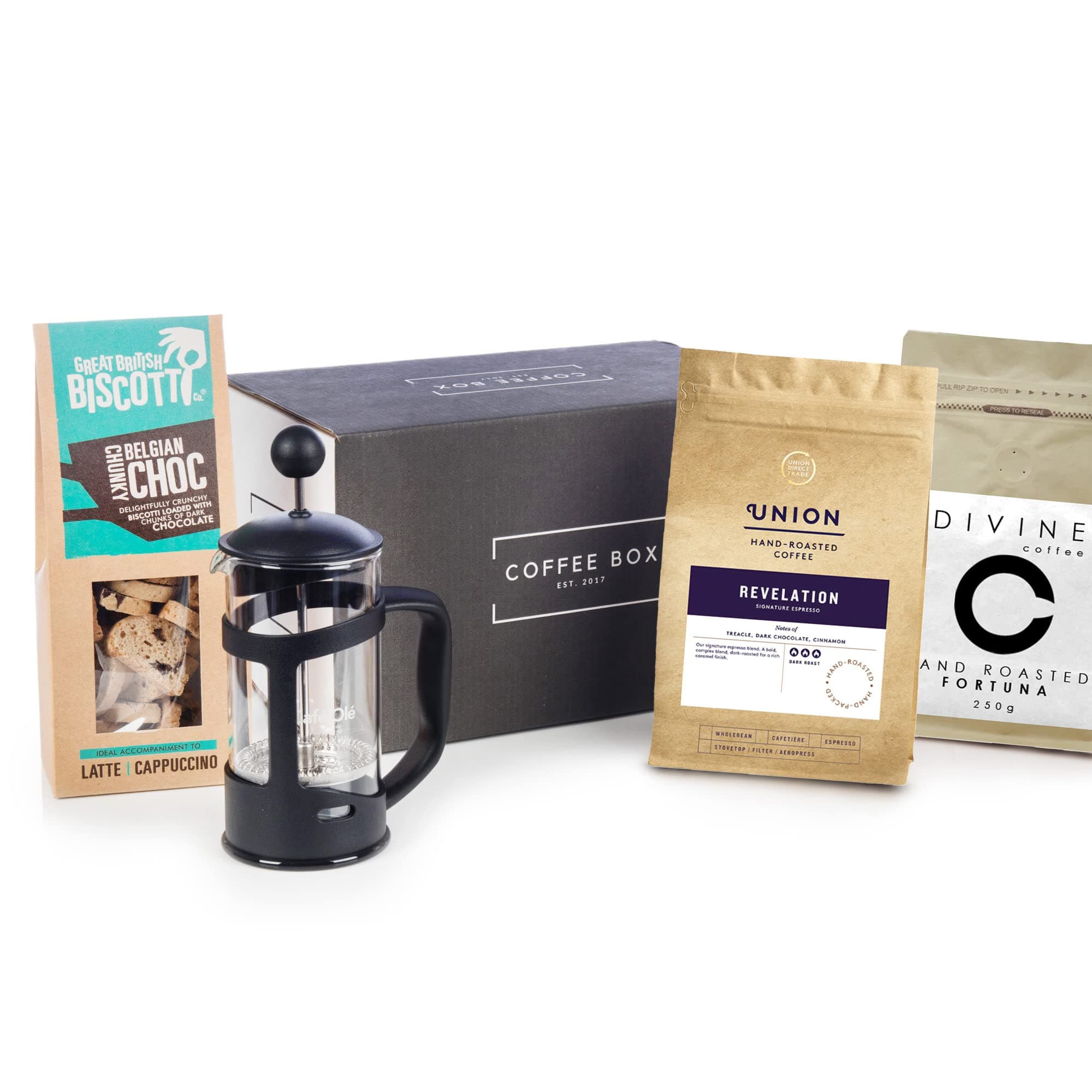 Coffee Gift Set - 2X Ground Coffees, Biscotti & Cafetiere