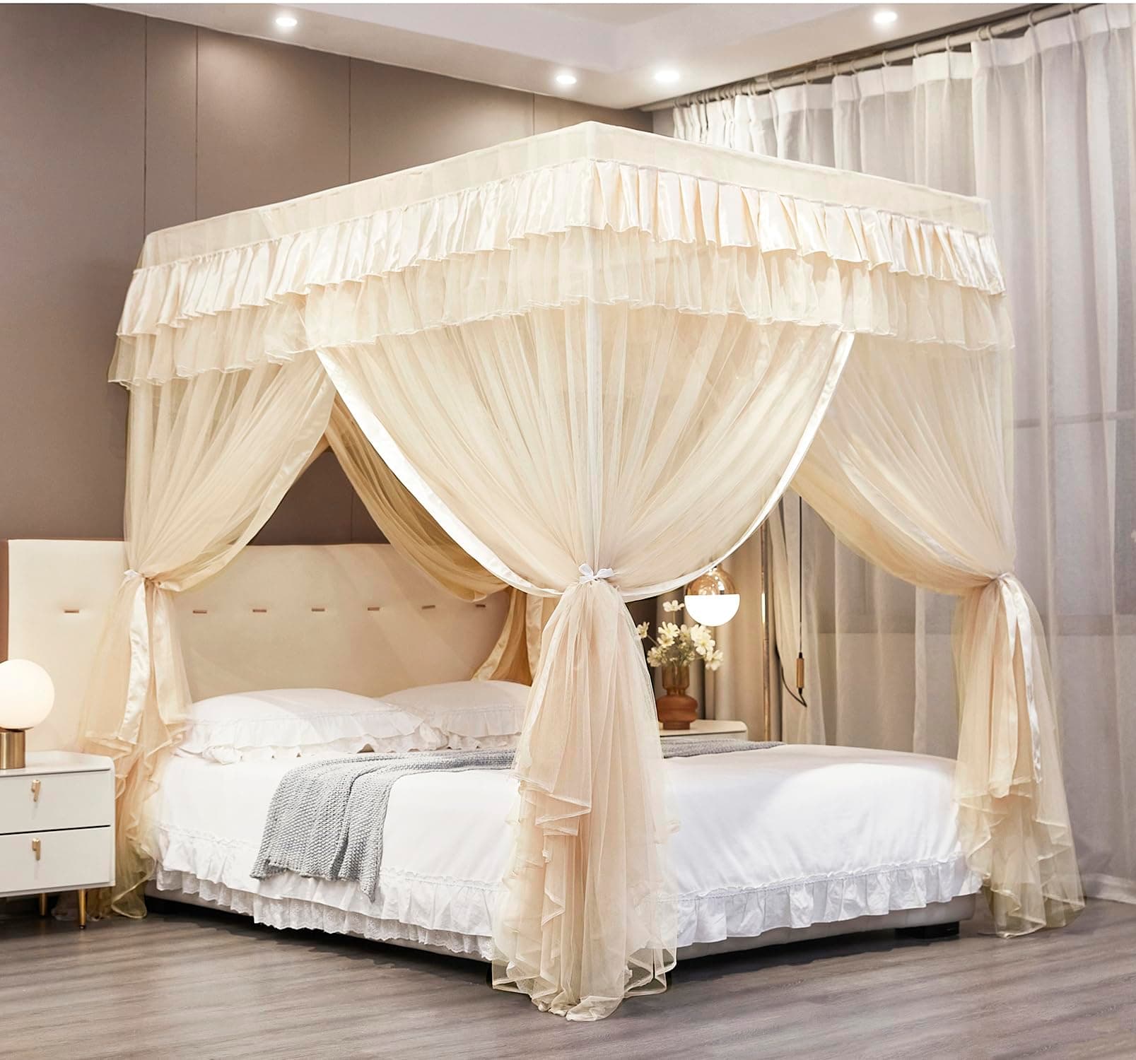 Canopy Bed Curtains Full Sizes,Bed Canopy for Girls Royal Luxurious Cozy Bed Drapes Girls Room Decor(Ivory,Full)