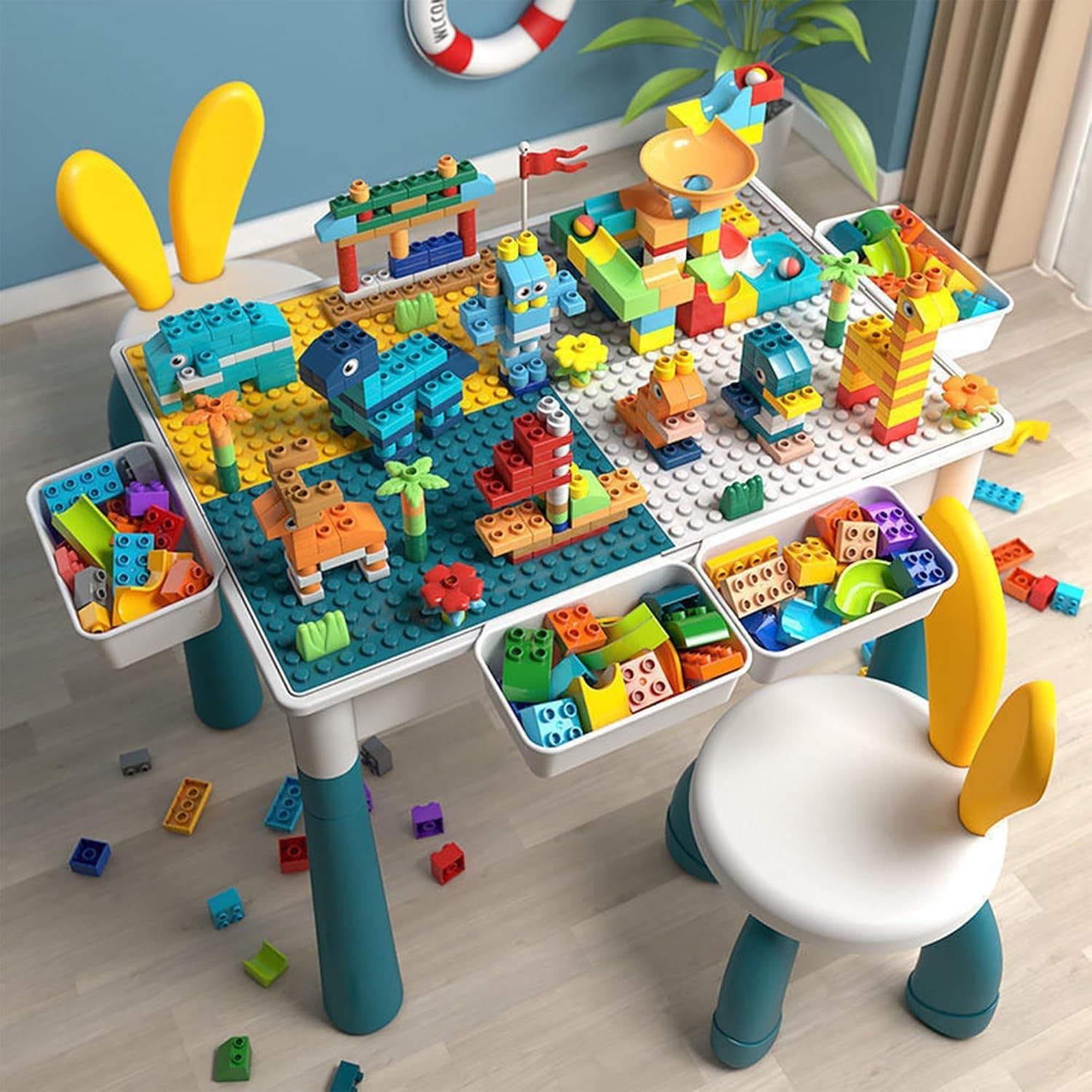 LTLCLZ Kids Multi-Functional Educational Block Table and 2 Chair Set（ 506pcs building blocks 4 storage boxes）– Kids Multi Activity Building Block Table Toy with Storage; kids study table and chair