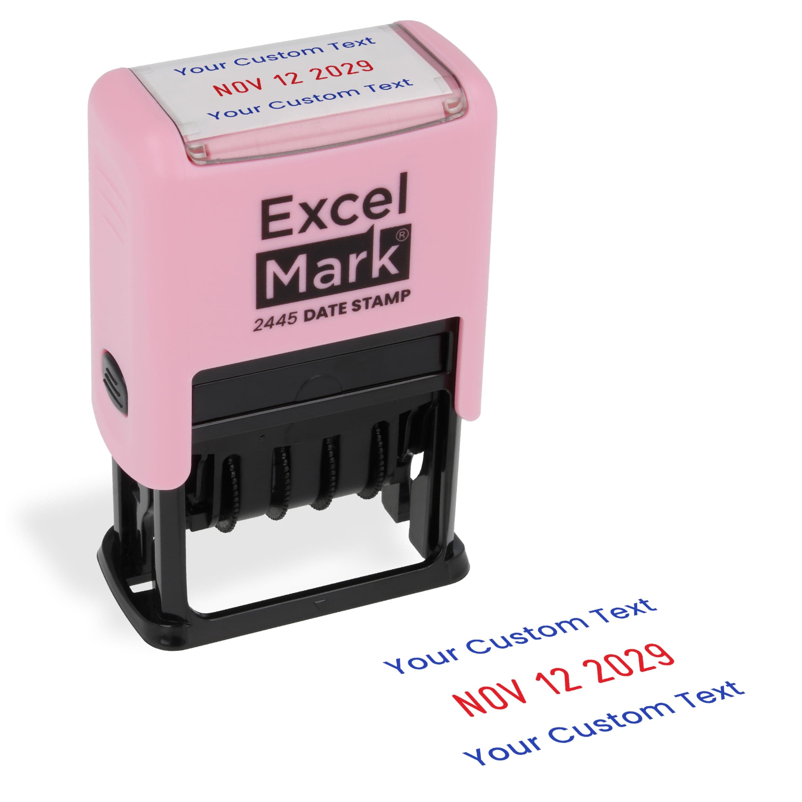 ExcelMark 2445 Date Stamp with Text - Blue and Red Ink (Pink Mount, Custom)