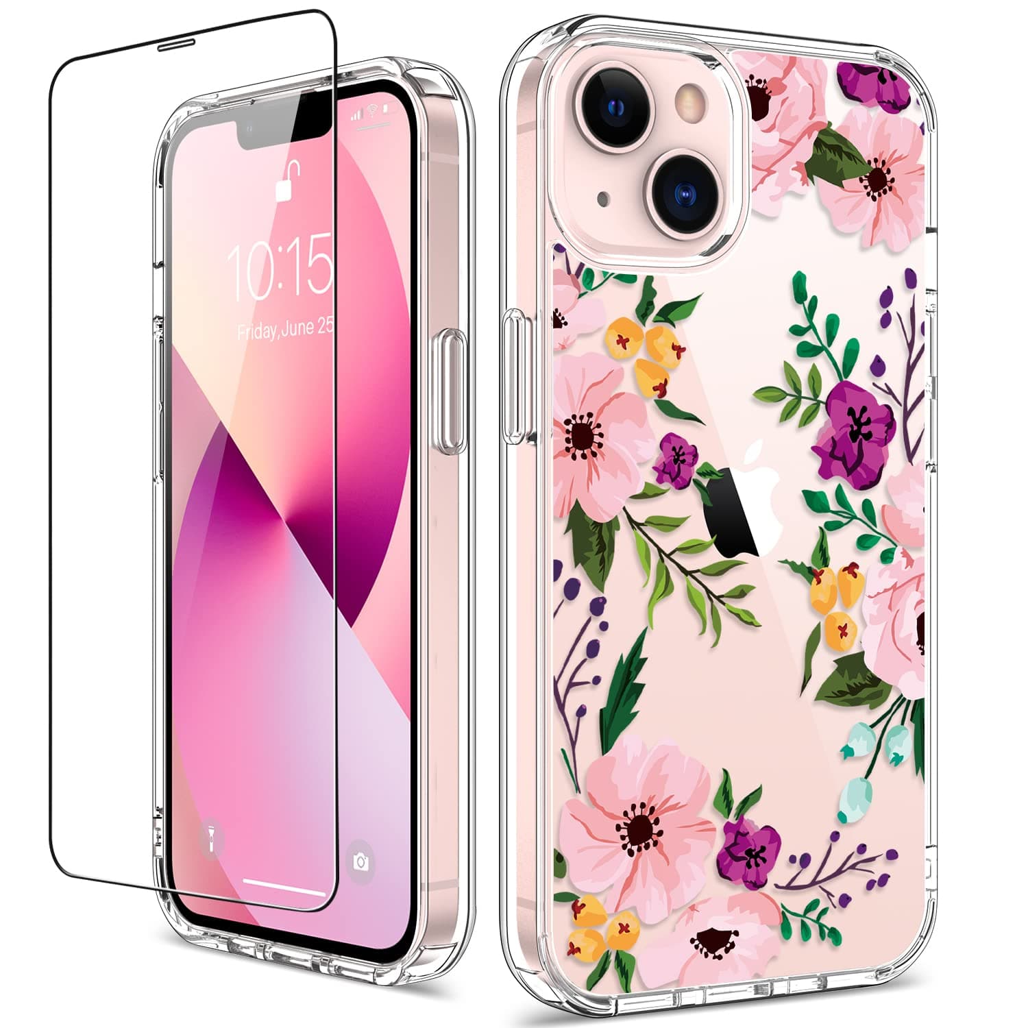 GiiKa for iPhone 13 Mini Case with Screen Protector 5.4 Inch, Clear Full Body Shockproof Protective Floral Girls Women Hard Case with TPU Bumper Cover Phone Case for iPhone 13 Mini, Small Flowers