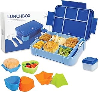 Lunch Box for Kid School - Children's Lunch Box with 6 Compartments - 1330ml Leak-proof Lunchbox for Girls and Boys - Including Spoon, Fork, Sauce Box & 6 Extra Cupcake Molds for Party Baking