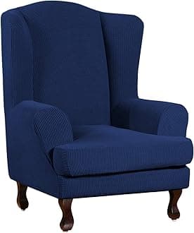 Wingback Chair Covers 2 Piece Wing Chair Slipcover Stretch Slipcovers for Wingback Chairs Wing Chair Cover Spandex Jacquard Fabric with Elastic Bottom Non-Slip Furniture Cover, Navy