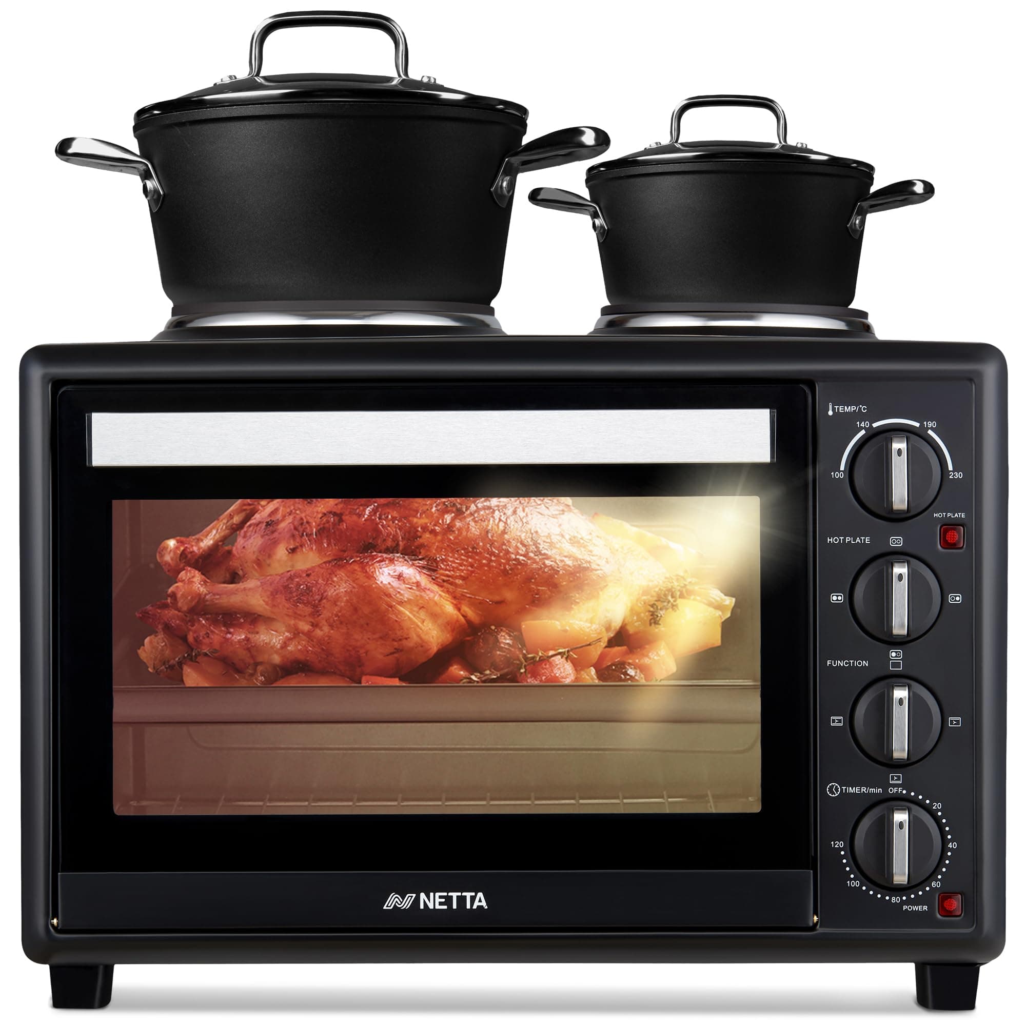 NETTA 35L Mini Oven with Double Hotplate & Electric Grill - All in One Portable Table Top Cooker with 120-Minute Timer & 230°C Control - 2850W Countertop Oven with Baking Tray & Rack - Black