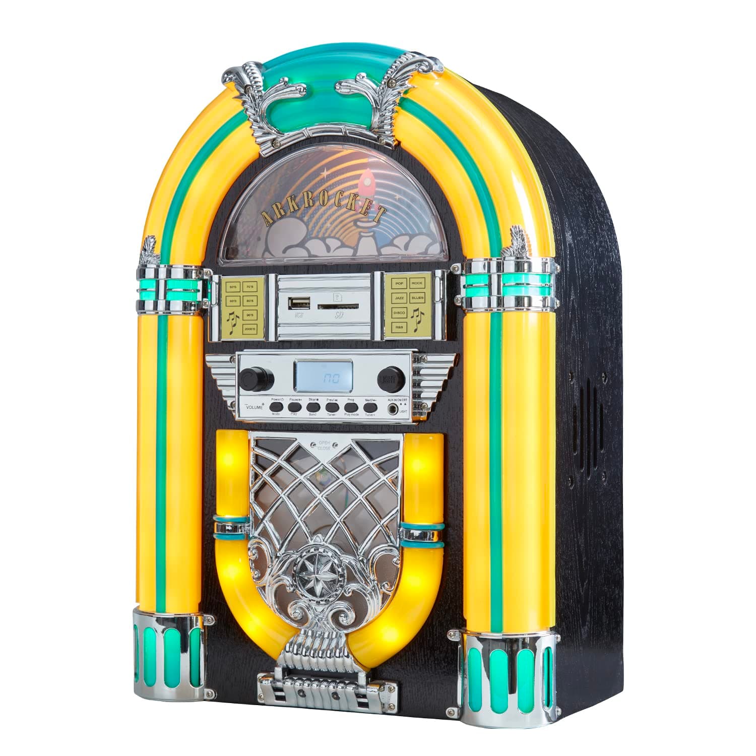arkrocket Athena Mini Jukebox/Tabletop CD Player/Bluetooth Speaker/Radio/USB and SD Card Player with Retro LED Lighting System