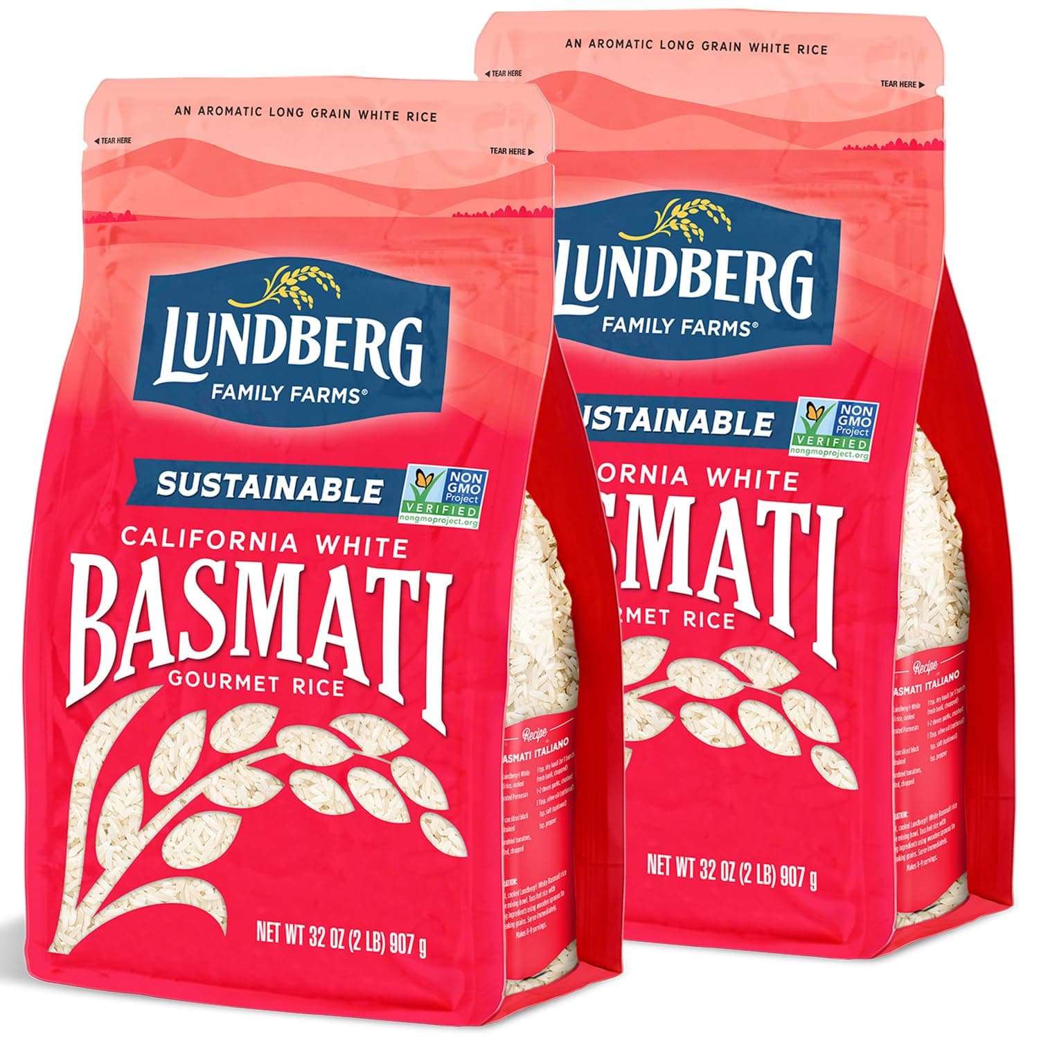 Lundberg Basmati Rice, Long Grain White Rice - Non-Sticky, Fluffy, Nutty, Aromatic Rice, Vegan Food, Healthy Meals, Gluten-Free Rice Grown in California, 32 Oz (Pack of 2)