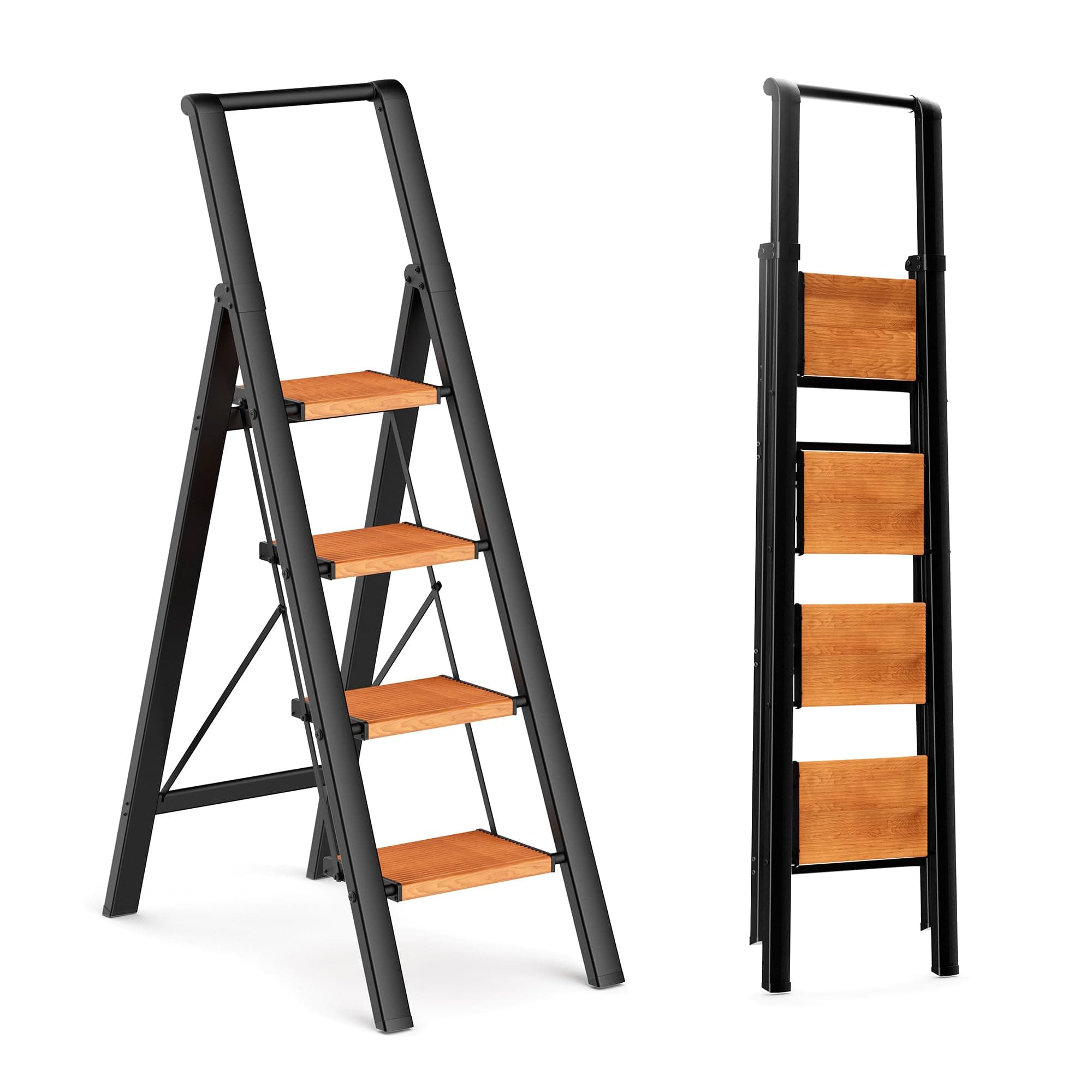 - GameGem 4 Step Ladder, Lightweight Aluminum Folding Step Stool with Convenient Handgrip, Stepladders with Anti-Slip and Wide Pedal for Home Use Space Saving - Black+Woodgrain