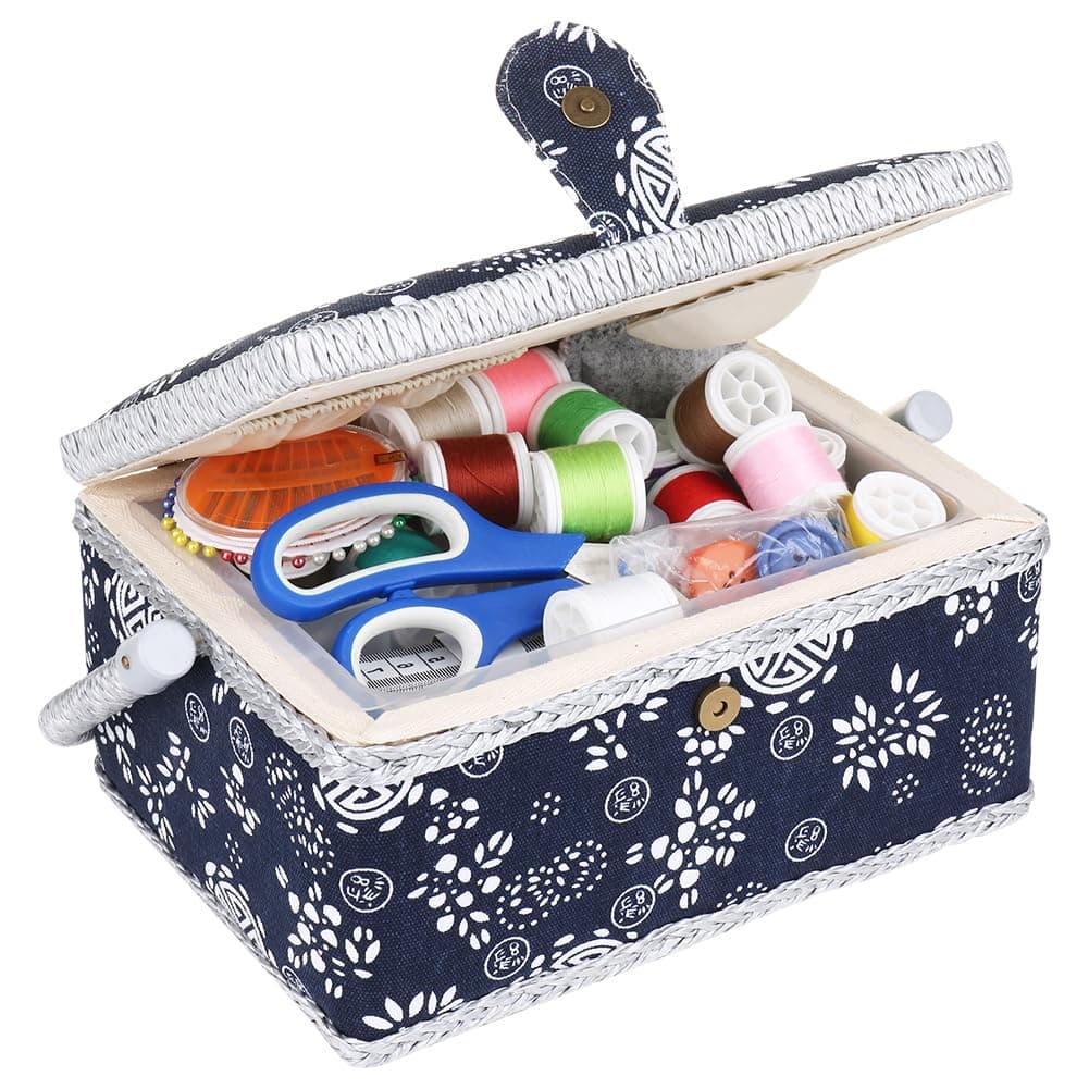 Large Sewing Box with Accessories Sewing Storage and Organizer with Complete Sewing Kit Tools, Navy