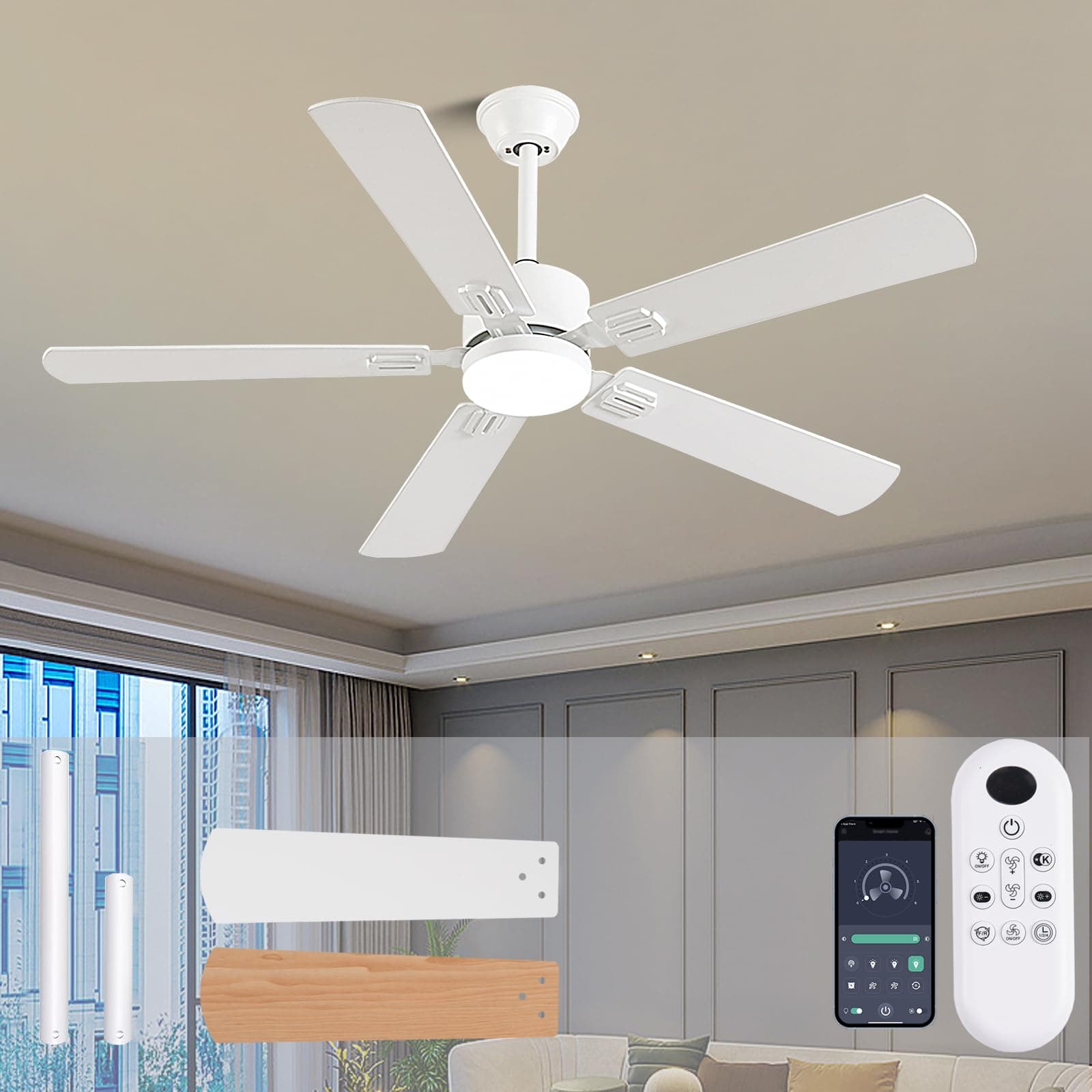 52 inch Modern White Ceiling Fans with Lights APP/Remote Control, Low Profile Reversible 6 Speeds Ceiling Fan Light for Indoor/Outdoor Patio Bedroom Living Room