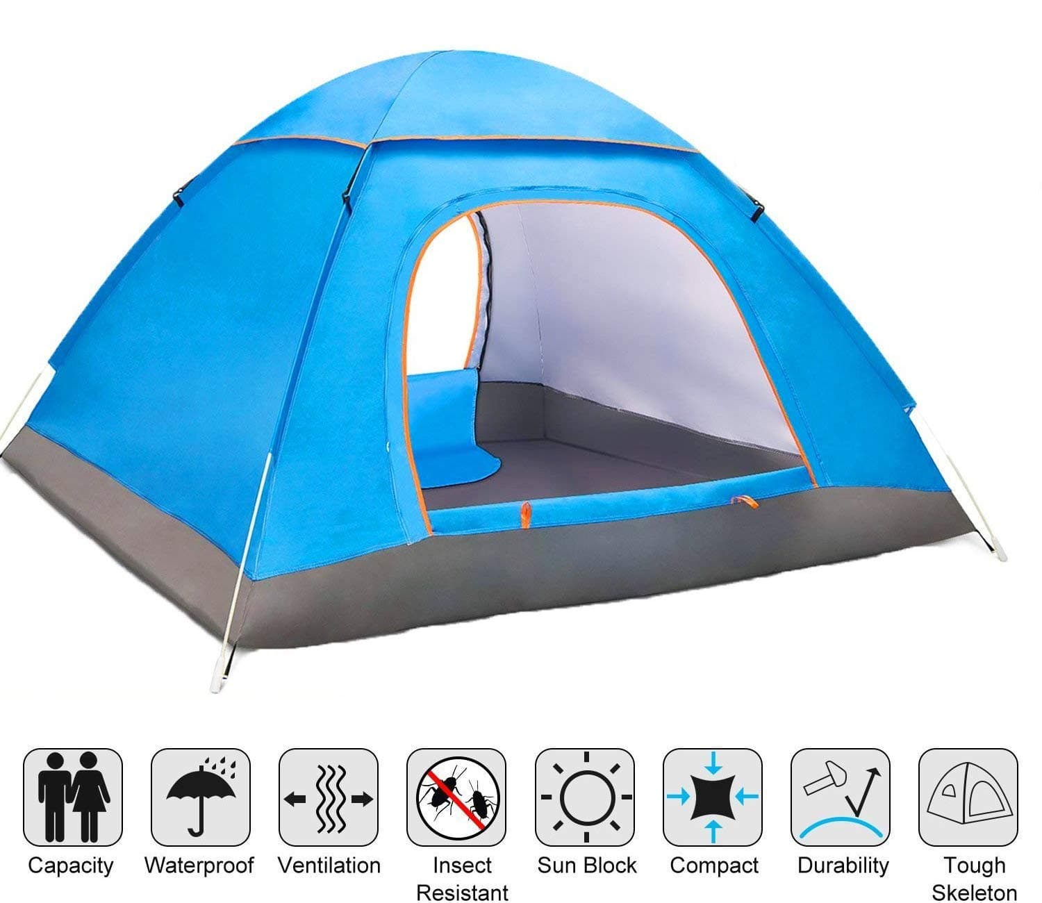 Angker Pop Tent, Instant Pop Up Tent, Large 2-3 Person Man, Backpack Tents, Portable Automatic Tents UV Protection for Outdoor Camping Beach Garden Family, Ventilated and Durable 200x200x125cm (Blue)