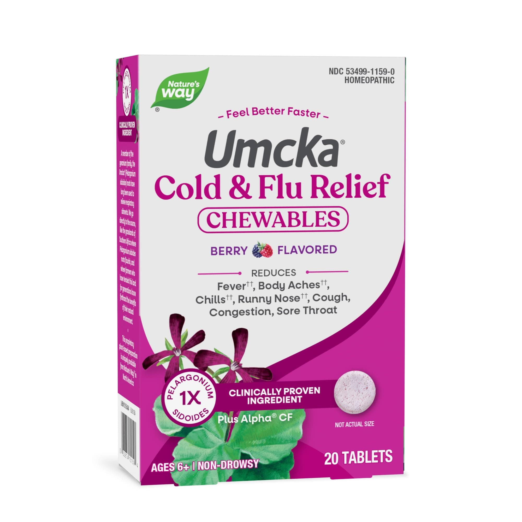 Umcka Cold+Flu Multi-Action Non-Drowsy, Berry Flavored, 20 Chewables