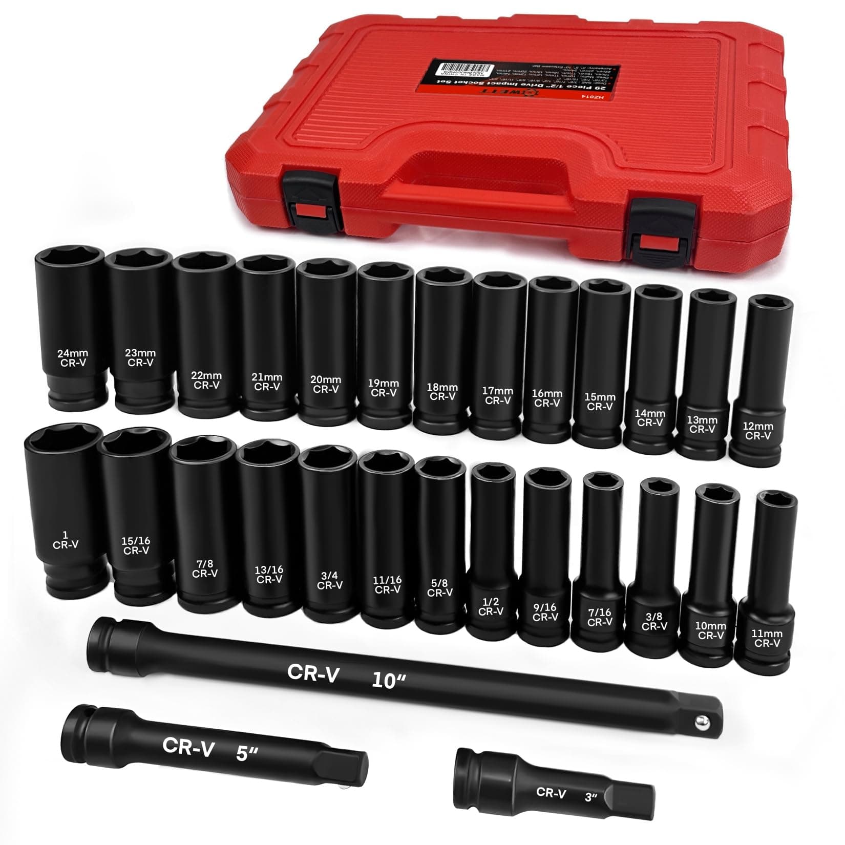 WETT 1/2" Drive Impact Socket Set, 29 Piece Deep Socket with Extension Bar, Cr-V Steel, SAE & Metric, 6 Point, (3/8" - 1", 10-24mm)