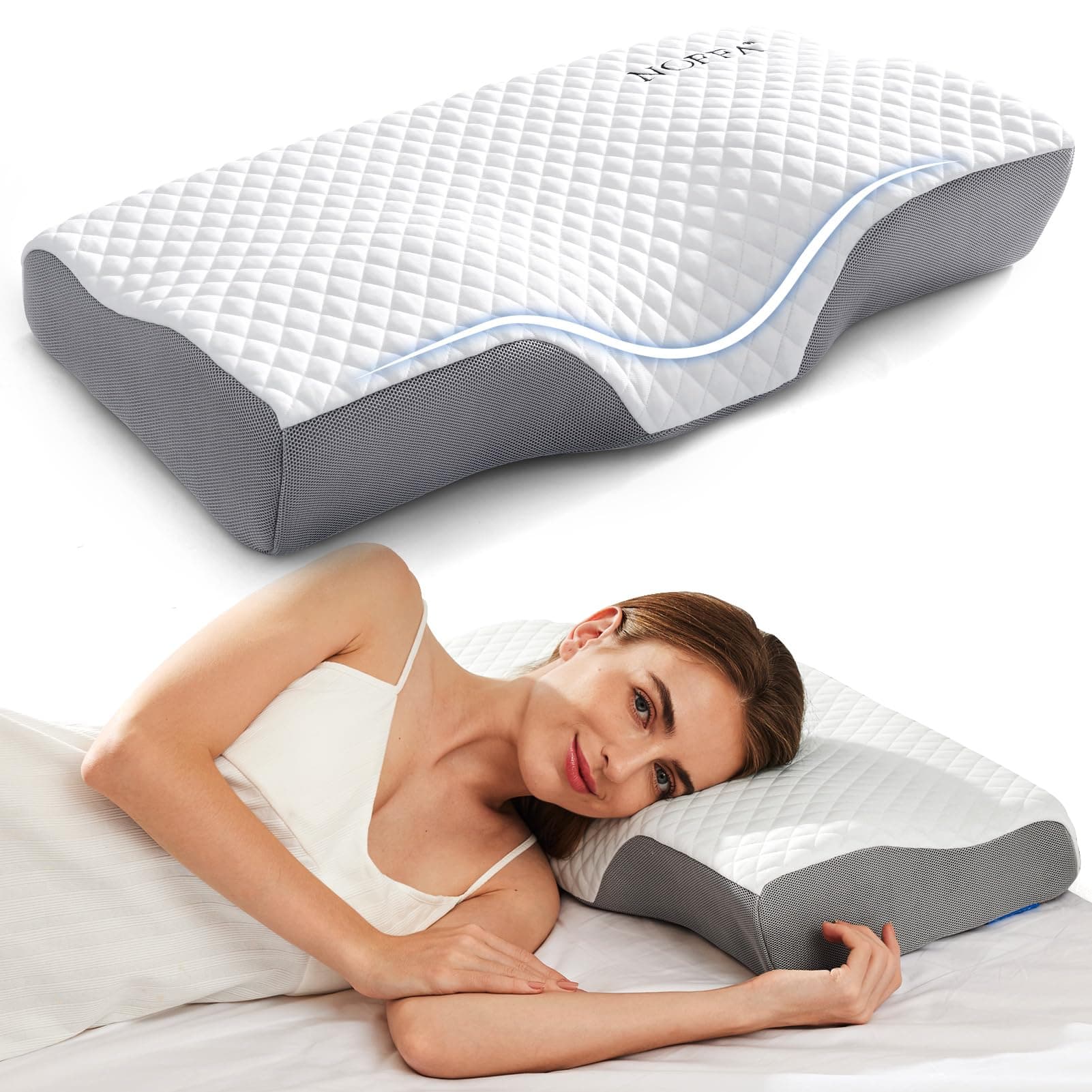 NOFFASoft Pillow Orthopedic for Back and Stomach Sleeping, Side Sleeper Neck Support, Ergonomic Pillow Memory Foam