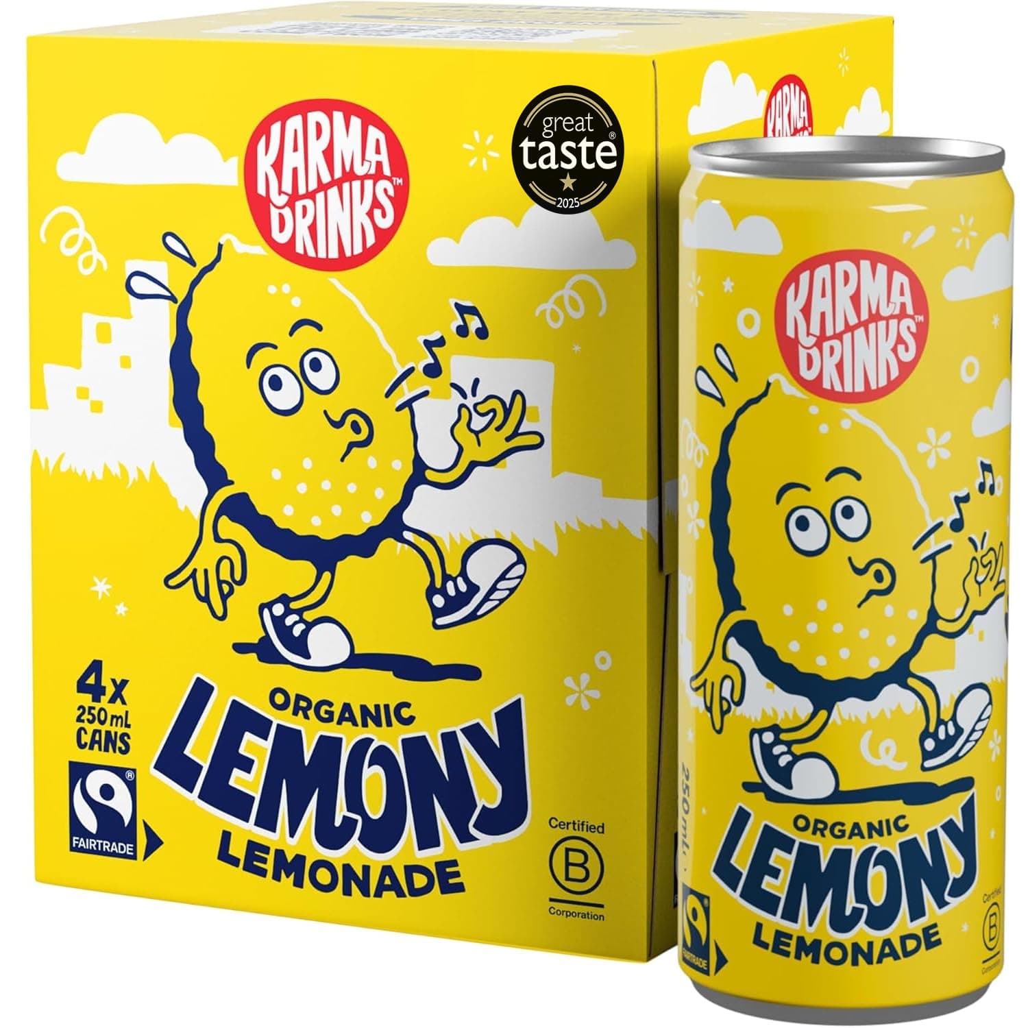 – Lemony Lemonade - 4 x 250ml Cans - Natural Fizzy Soft Drinks, Fairtrade, Organic & Vegan