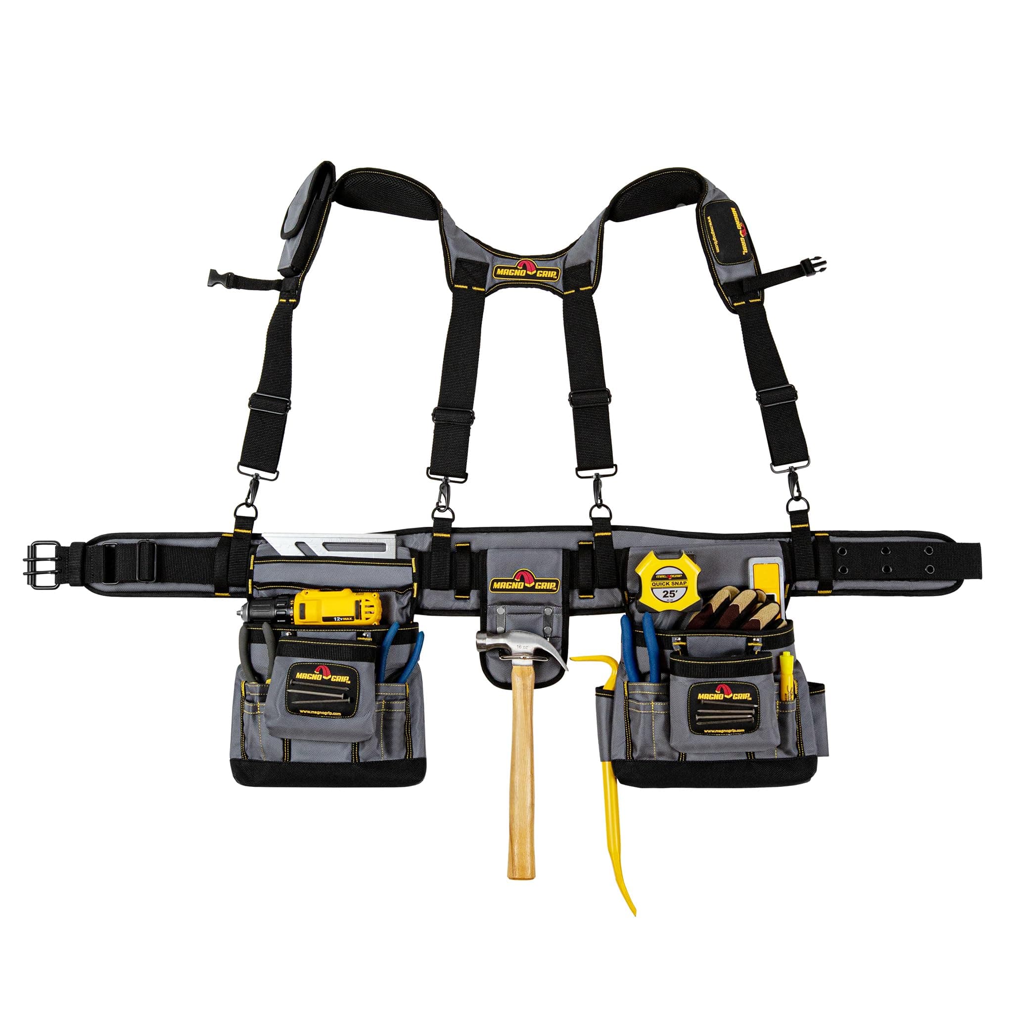 MagnoGrip 20-Pocket Builder’s Tool Rig with Magnetic Storage—Heavy-Duty 1680D Polyester Tool Belt with Padded Suspenders, Rivet Reinforced Stress Points, and Smartphone Holder, Fits Up to 52” Waist.