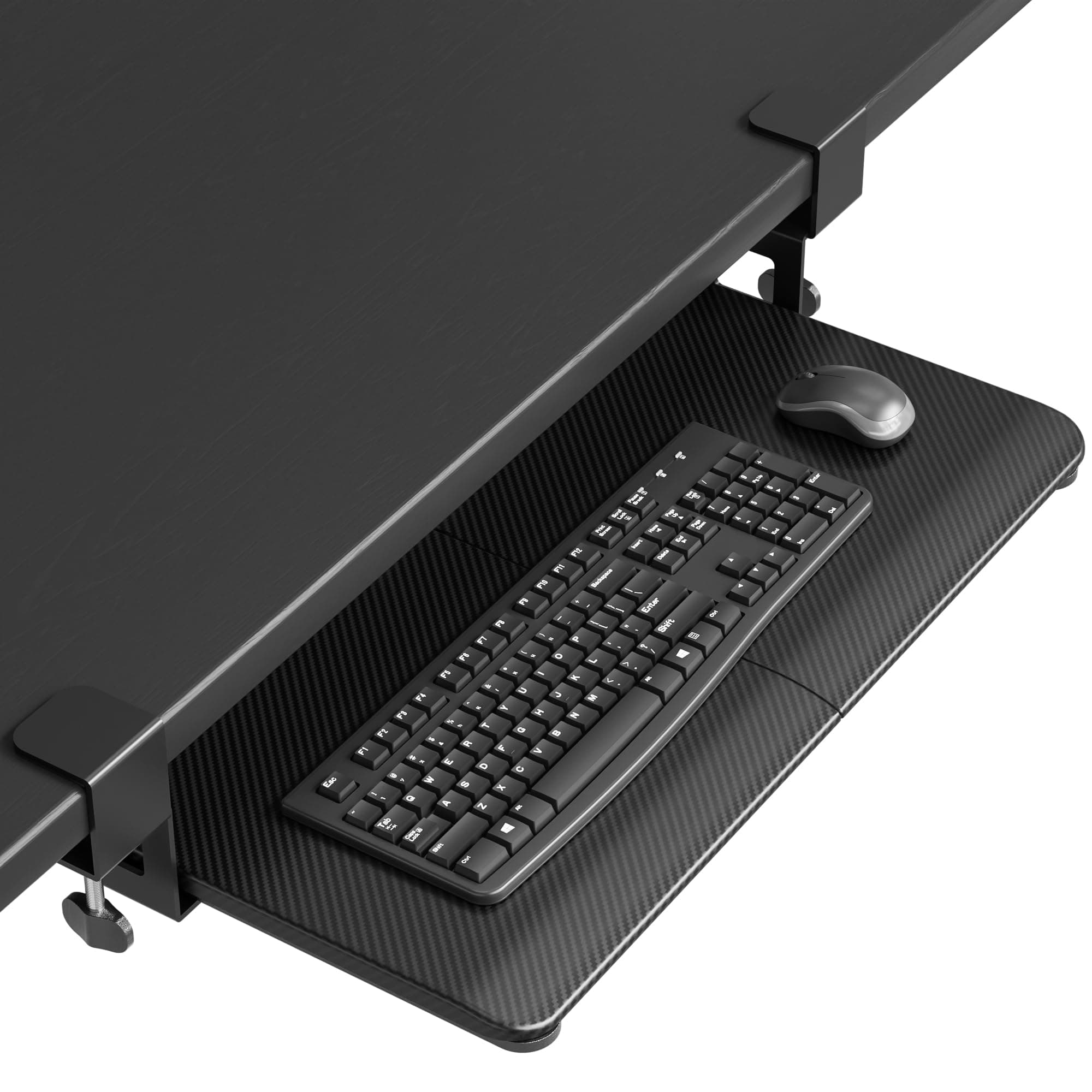 BONTEC KMT01 Under Desk Keyboard Tray, Pull-Out Keyboard & Mouse Platform with C-Clamp, 25.6 x 11.8 in Space-Saving Ergonomic Slide-Out Drawer, Black Carbon Fiber
