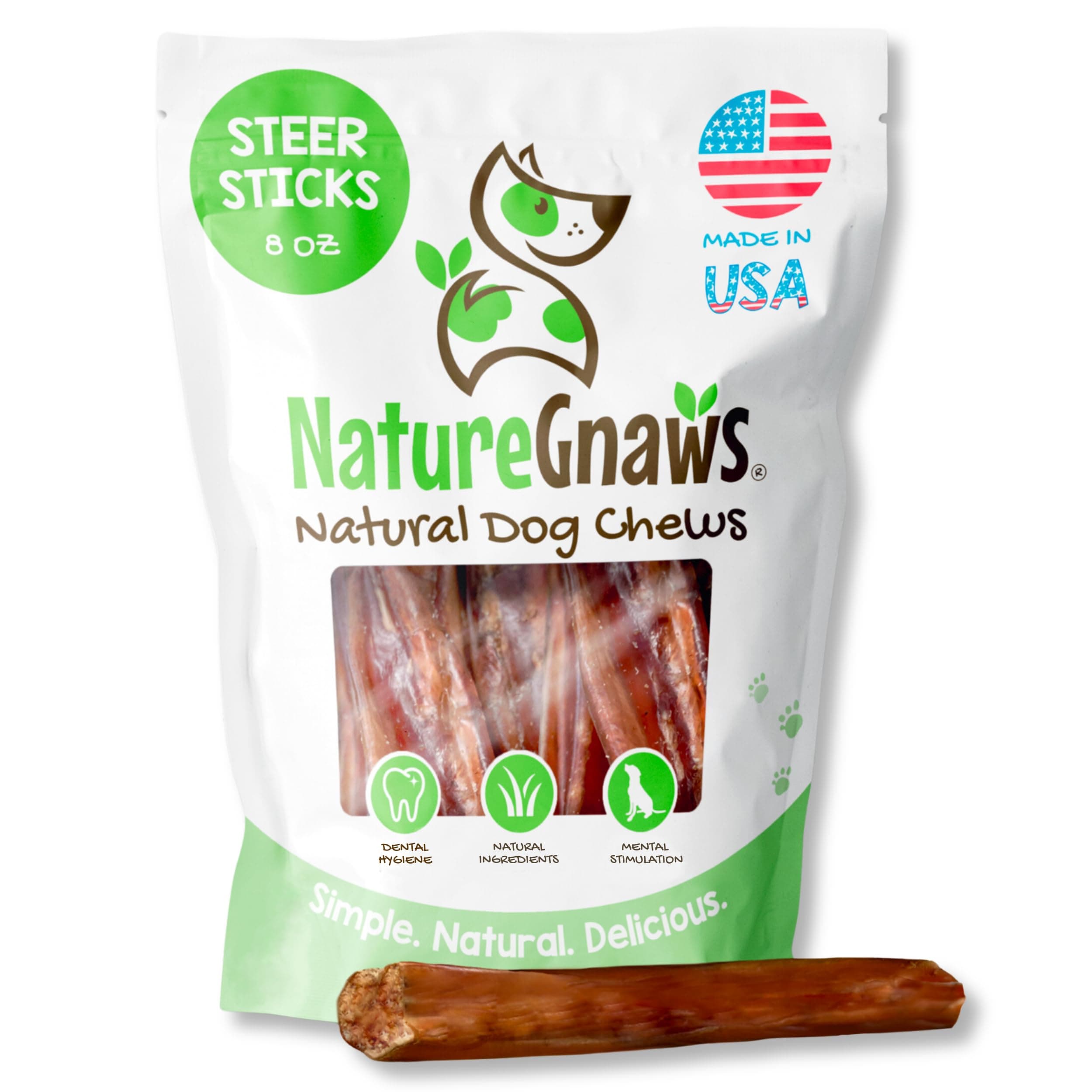 Nature Gnaws Steer Sticks - Bully Sticks for Dogs - Great for Small, Medium and Large Dogs - Made in USA, Single Ingredient - Natural Long Lasting Chew Sticks - Rawhide Free Bully Bones - 8oz