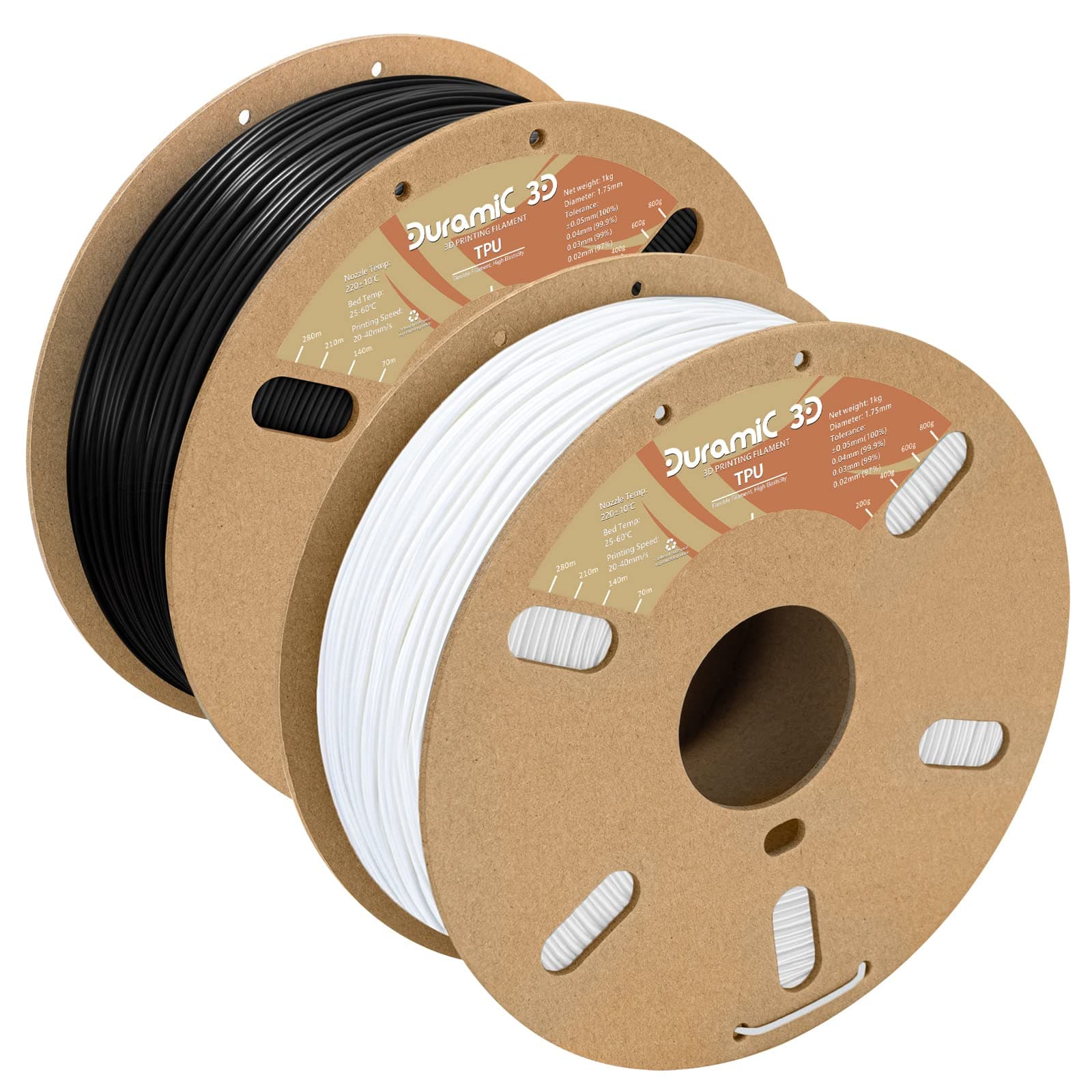 TPU Black and TPU White Bundle, DURAMIC 3D TPU Flexible Filament 95A, Soft TPU 3D Printing Filament, 1kg Spool, Dimensional Accuracy +/- 0.05mm, Black 1 Pack