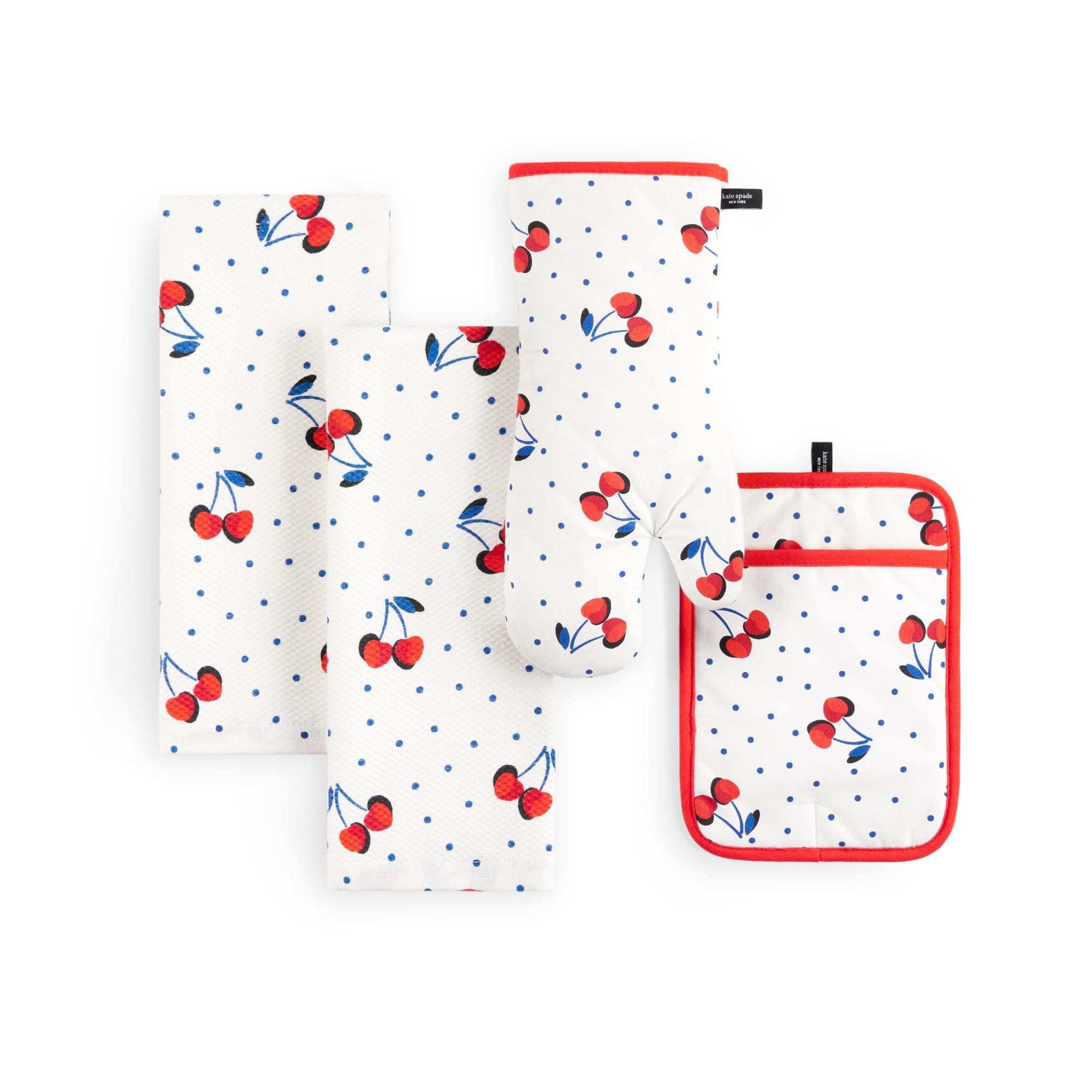 Cherry Dot Kitchen Towel, Oven Mitt & Pot Holder 4-Pack Set, 17" x 28", 7" x 13", 7" x 10", White/Red/Blue