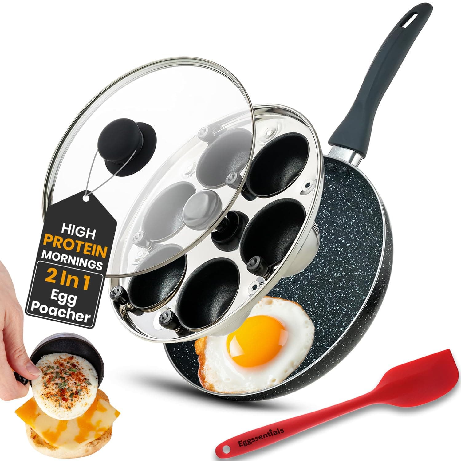 Eggssentials 2 in 1 Egg Poacher & Large Frying Pan - Granite Poached Egg Maker With 6 Cups - 10 Inch Nonstick Omelette Pan