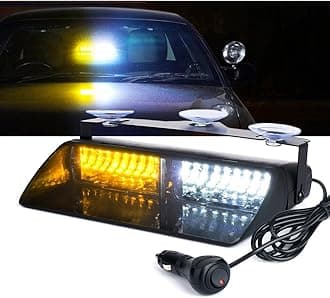 Amber White LED Emergency Dash Strobe Light, Interior Windshield Safety Warning Traffic Lights w/Suction Cups, 12V Windshield Visor Light Bar for Construction Trucks Plows Postal Security Cars