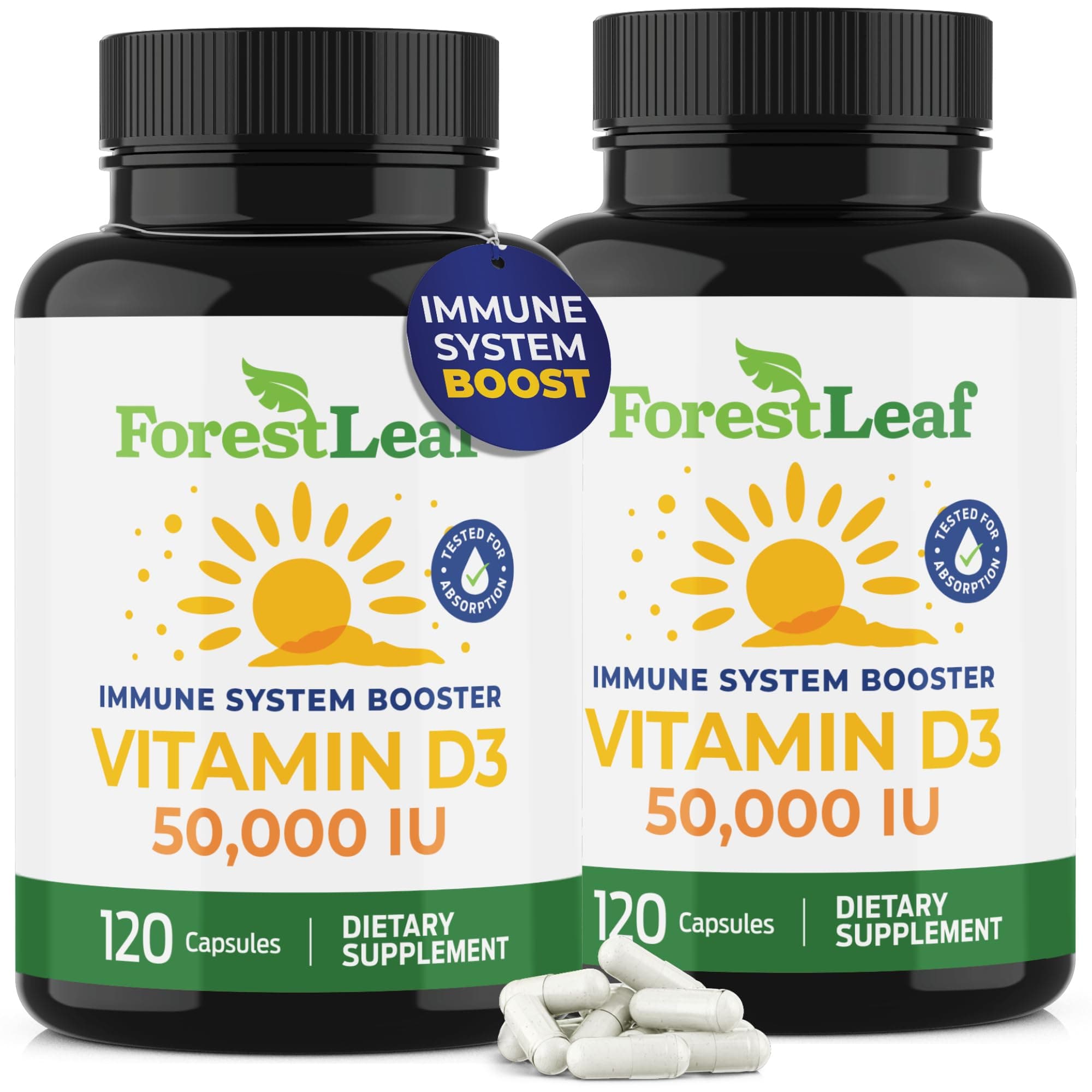 ForestLeaf - Vitamin D3 IU Weekly Supplement - Vitamin D Capsules for Bones, Teeth, and Immune Support - Easy Swallow Pure Vitamin D3 Caps (50,000 IU - 120 Count - 2 Pack)