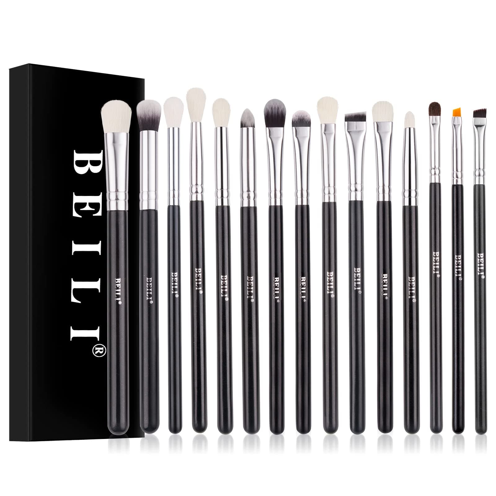 BEILI Professional Eye Makeup Brush Set,15 Pieces Synthetic and Natural Hair Eyeshadow Eyeliner Eyebrow Blending Concealer Make up Brushes (Black/Silver)