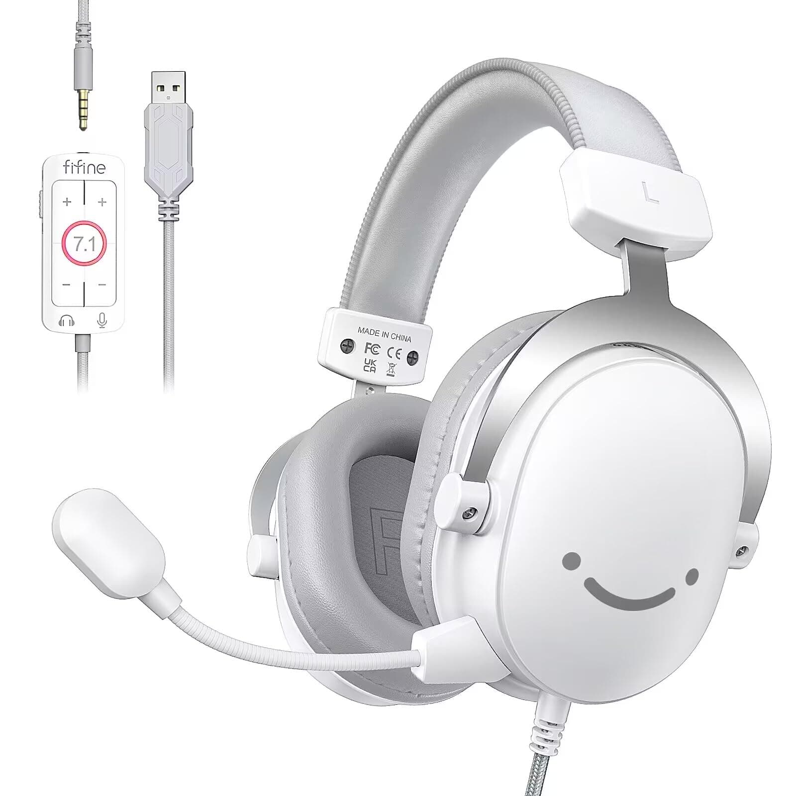 3.5mm/USB Gaming Headset for XBOX,PC,PS4/PS5,7.1 Surround Sound Wired Headphones with Soft Earmuffs,Volume Control,Detachable Microphone for Streaming,Video Creation-AmpliGame H9 White