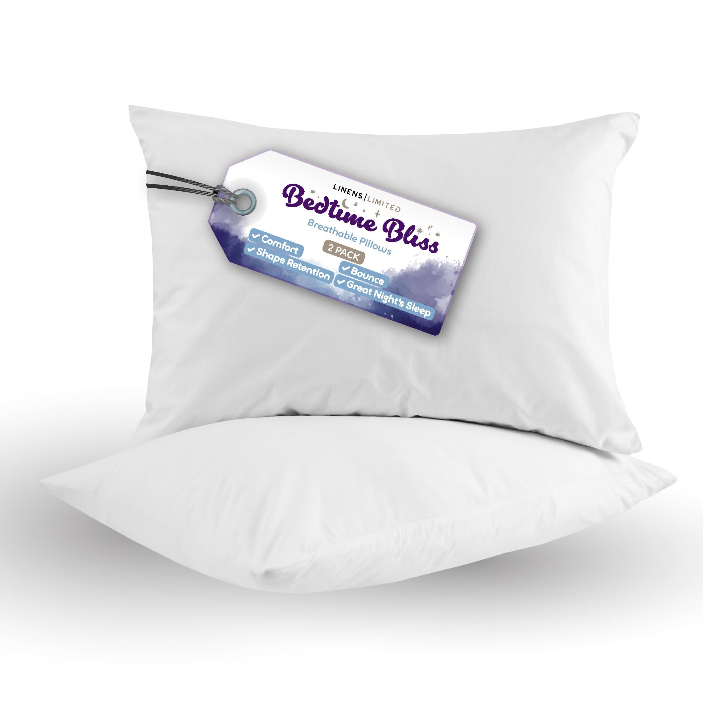 Linens Limited - Soft Pillows 2 Pack, Made in the UK, Bedtime Bliss, Soft and Firm with Orthopedic Support, Non-Allergenic Hollowfibre, Machine Washable (White)