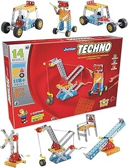 SARTHAM Junior Techno, 8 to 12 Years, DIY Educational kit, Engineering Tool kit Toy, 1 Set STEM Learning Metal Toy, Gift for 8+ Year Old boy and Girl, 115+ Pieces Puzzle and 14 Models | Multicolor