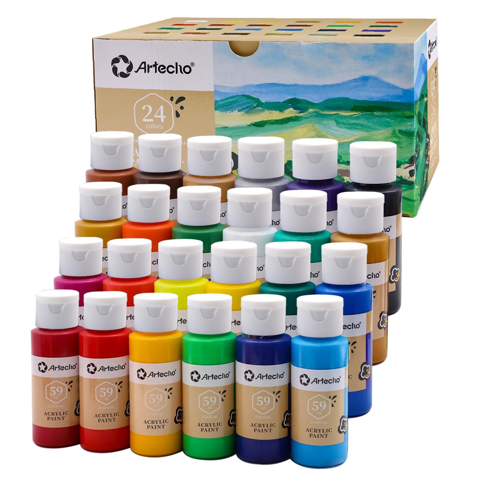 Artecho Acrylic Paint Set - 24 Colors, 2 Oz/59ml Basic Acrylic Paint for Art, Crafts, Canvas, Fabric, Wood, Leather & Stone