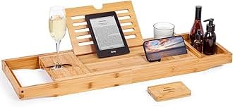 Woodluv Bath Tray, Extendable Bath Caddy Trays for Bathtub Accessories with Tablet Phone Slots, Candle Mug/Cup Holder, Bathroom Organiser, Bath trays for across the bath with Soap Holder, Natural Wood