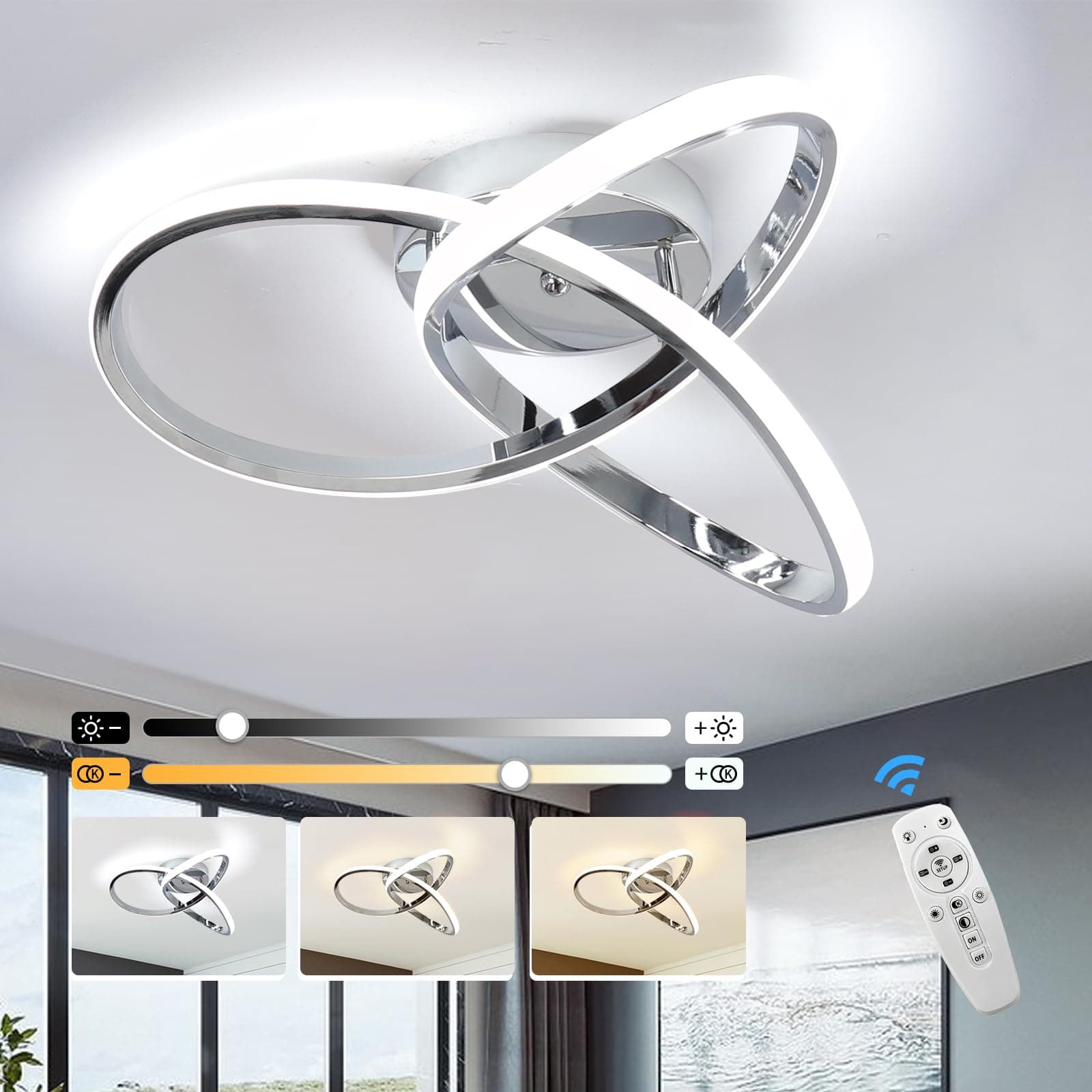 EIDISUNY Led Ceiling Light Dimmable, Modern Led Ceiling Lamp with Remote Control, Minimalist Chrome Ceiling Lights for Bedroom Kitchen LivingRoom Dining Office Hallway - 42W, Silver, 40cm, 3000K-6000K