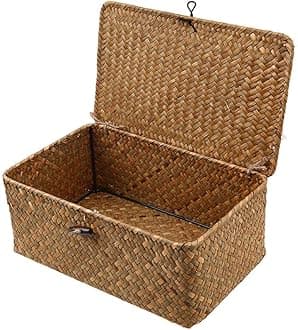 Esoes Wicker Storage Basket Woven Rattan Storage Box With Lids Seagrass Laundry Baskets Makeup Organizer For Bathroom, Living Room, Kitchen (L)