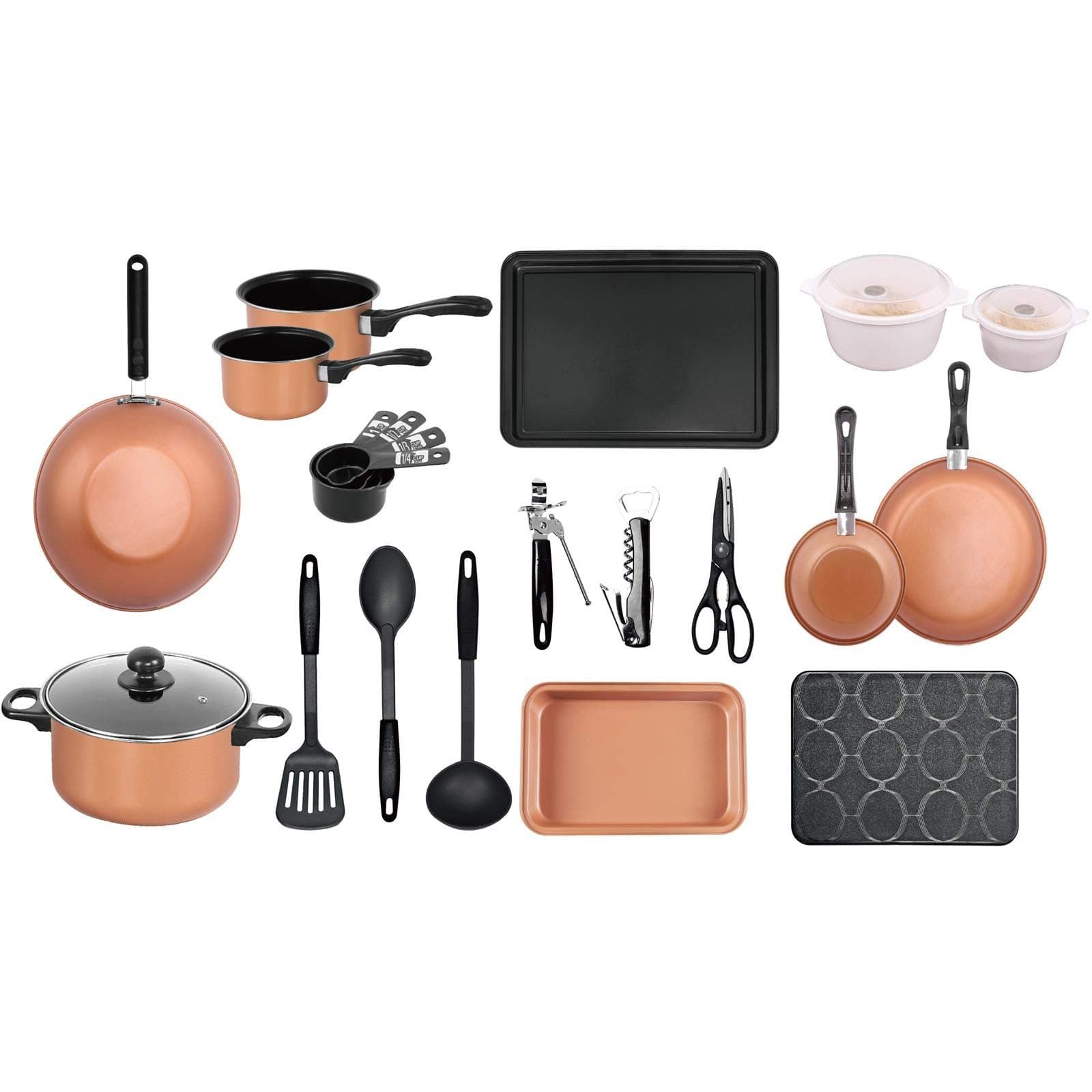 21 Piece Copper Student Kitchen Starter Kit Saucepan Utensil Pans Pots Cookware Bakeware Set