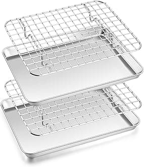 Toaster Oven Pan with Rack Set (2 Small Baking Sheets+2 Grill Racks), 9 x 7 Inch Stainless Steel Small Cookie Sheets Bacon Tray with Grid Cooling Racks for Baking Roasting Grilling, Dishwasher Safe
