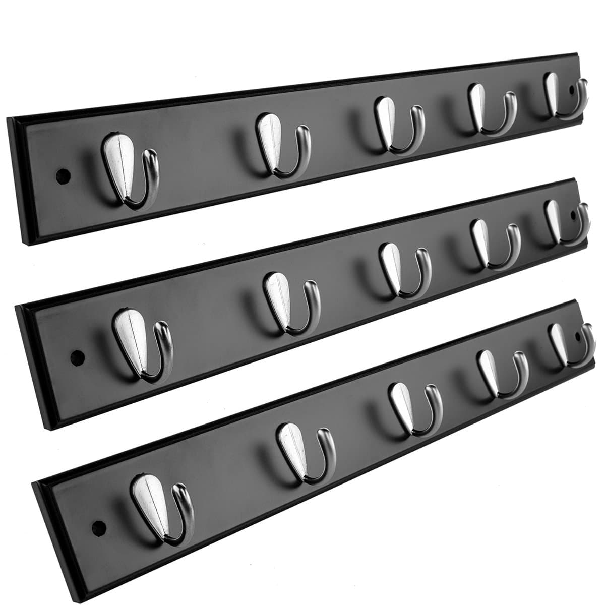 For Living (3 Pack) Wall Mounted 20” Hanging Rail Coat Racks 5 Nickel J-Hooks Black Wooden Board