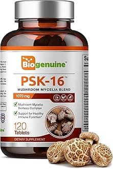 PSK-16 Mushroom Supplement Capsules 1070 mg 120 Tablets - 15 Multi Mushroom Blend Pills Including Shitake, Reishi, Maitake, Turkey Tail - Mushroom Immune Complex with Vitamin C